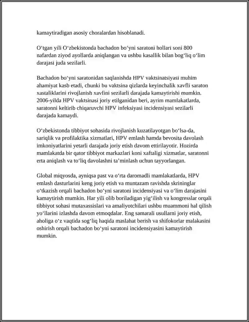 8 AYOLLAR JINSIY A’ZOLARI O‘SMA KASALLIKLARI: BACHADON BO‘YNI SARATONI 4