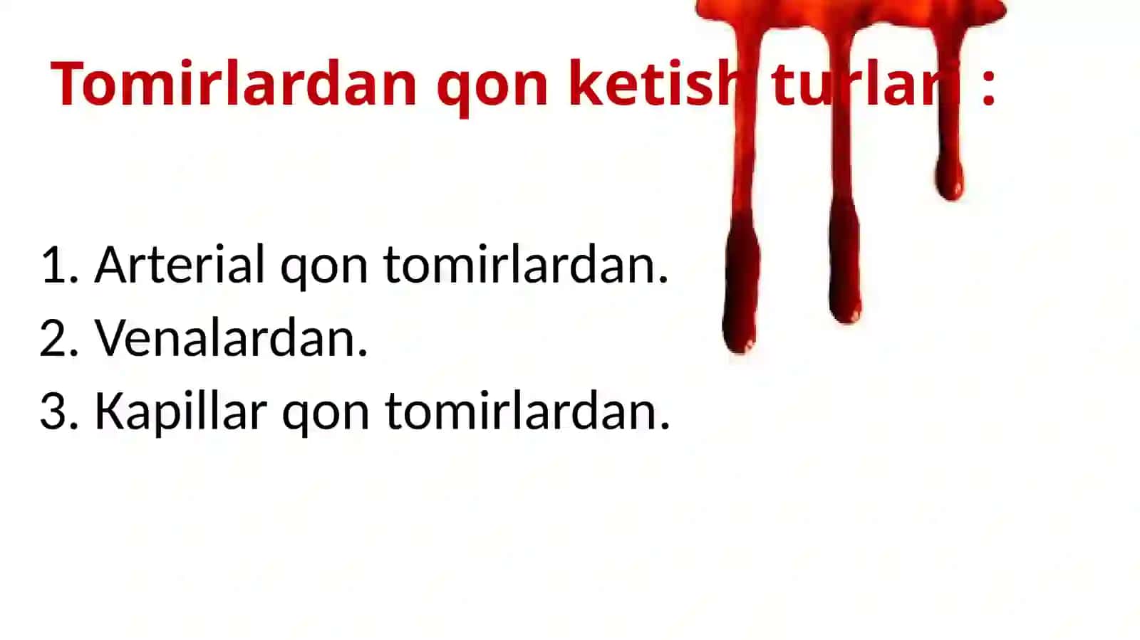 1-IDUM biologiya o’qituvchisi Turdaliyeva Dilfuzaning “Tomirlardan qon ketganda birinchi yordam ko’rsatish”mavzusidagi dars taqdimoti 4