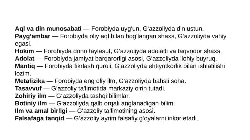Abu Nasr Forobiy va G’azzoliyning falsafa ilmiga oid qarashlarini qiѐsiy tahlil etish (Farobiyning “Siѐsat falsafasi” va G’azzoliyning “Kimѐi saodat” asarlari asosida). 4