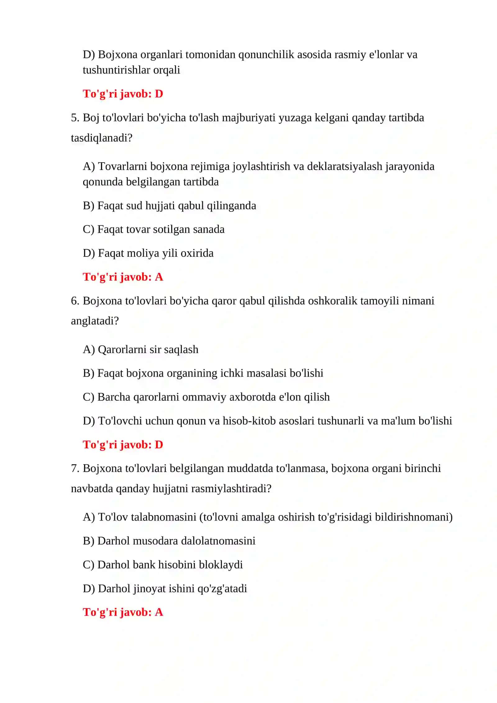 BOJXONA BOJLARI TESTLARI 4