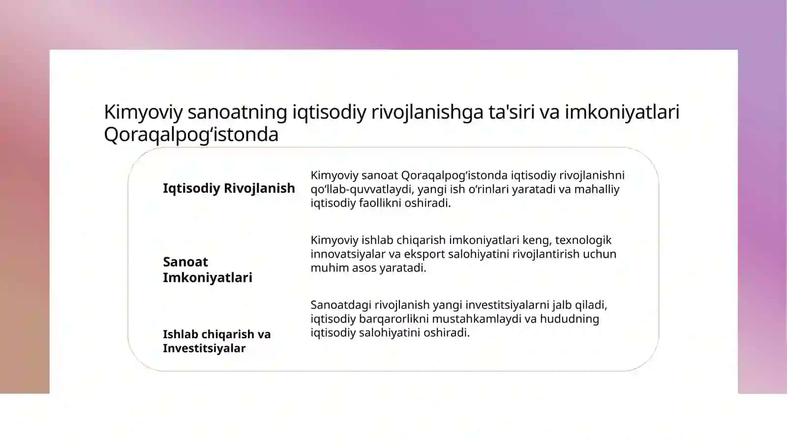 Qoraqalpog‘iston Respublikasidagi kimyoviy ishlab chiqarish korxonalarining umumiy holati va asosiy xususiyatlari 4