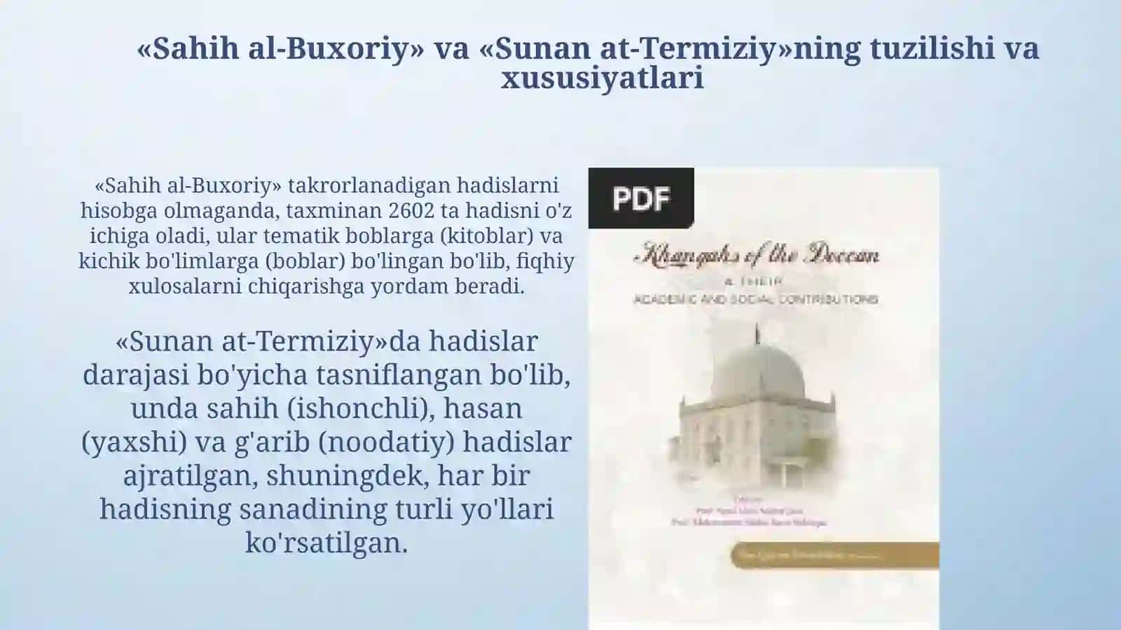 Imom Buxoriy va Imom Termiziyning hadis ilmiga qoʻshgan hissalariniqiyosiytahlili 4