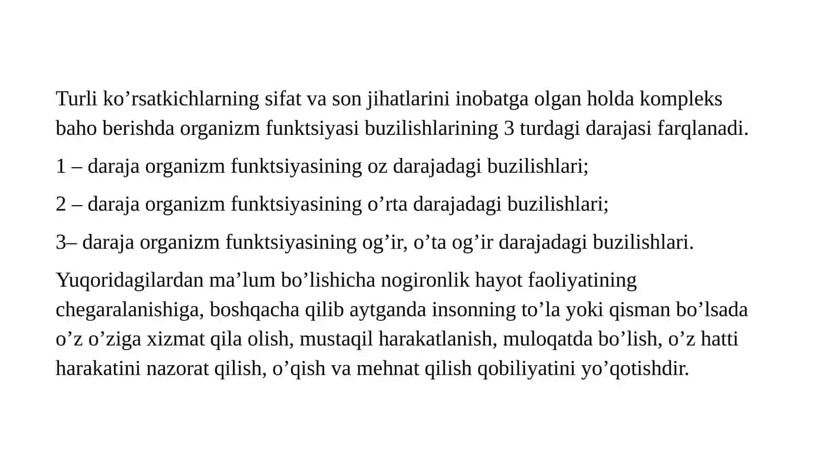 Nogironlik ko‘rsatkichlari va ularni hisoblash usullari. Aholi salomatligini baholashda nogironlik ko‘rsatkichlarini o‘rni. Sog‘liqni saqlash, asosiy tushunchalar va tamoyillari. Davolash profilaktik muassasalarining nomenklaturasi. 4