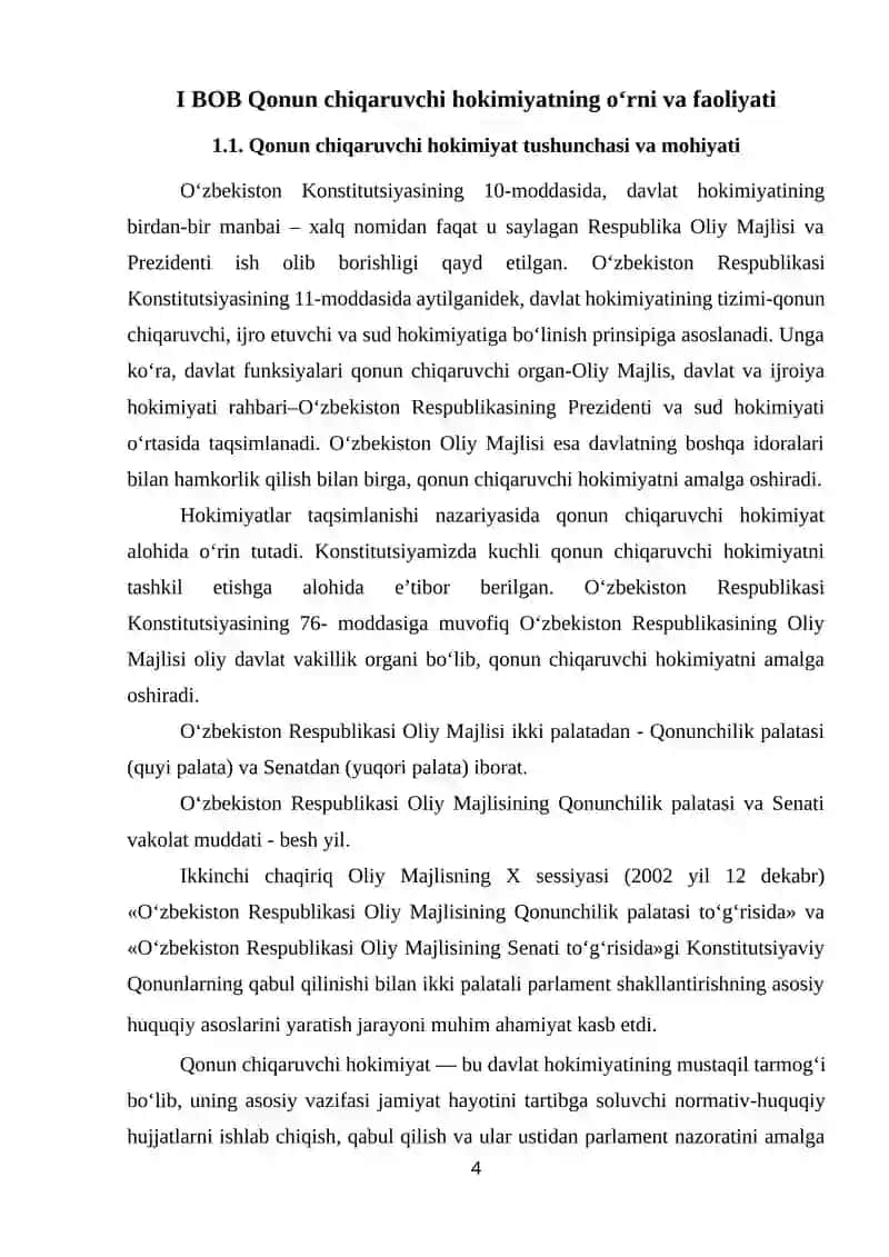 O‘ZBEKISTON RESPUBLIKASIDA MAVJUD BOSHQARUV HOKIMIYATI (QONUN CHIQARUVCHI, IJRO ETUVCHI, SUD HOKIMIYATI) FAOLIYATI 4