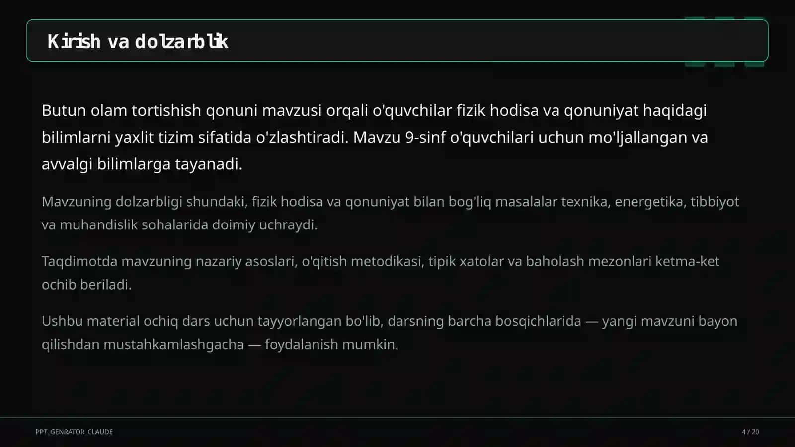 Butun olam tortishish qonuni (9-sinf) 4