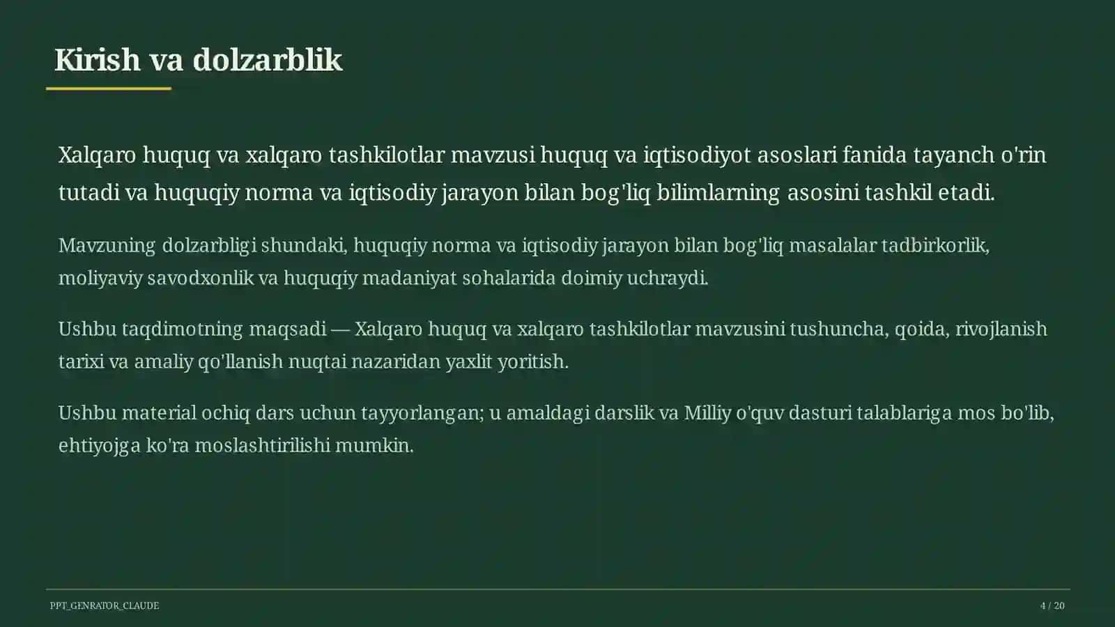 Huquq va iqtisodiyot asoslari (9– 11) — ochiq dars uchun 4