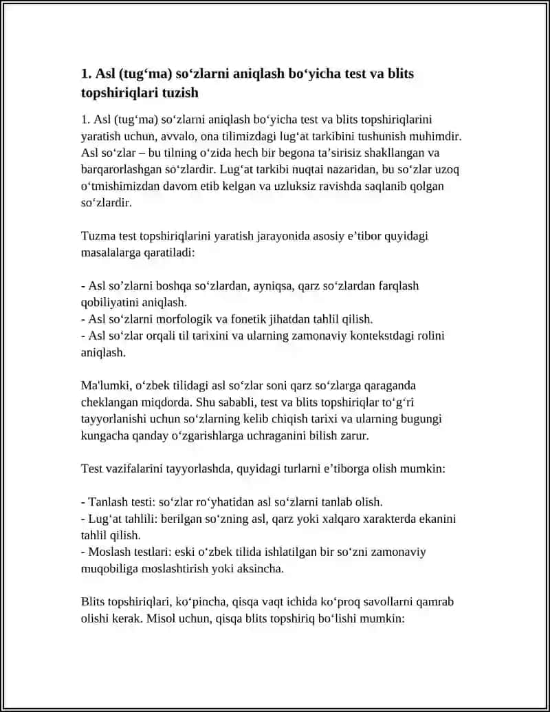 LUG'AT TARKIBIDAGI SOʻZLARNING KELIB CHIQIAHI JIHATIDAN TAVSIFLANISHI BOʻYICHA TEST VA BLITS SOʻROVNOMA 4