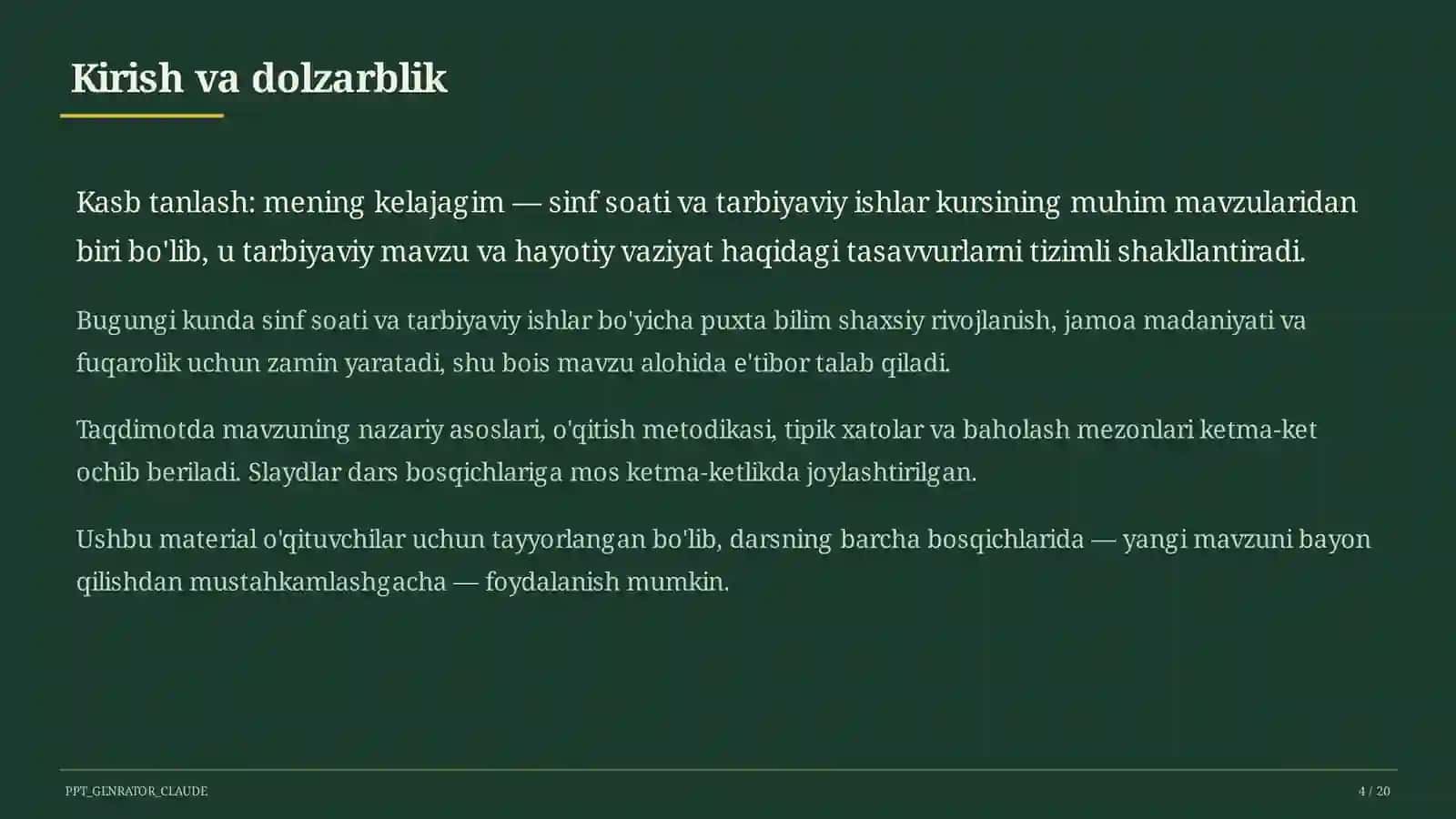 Sinf soati va tarbiyaviy tadbirlar (1–11) — o'qituvchilar uchun 4