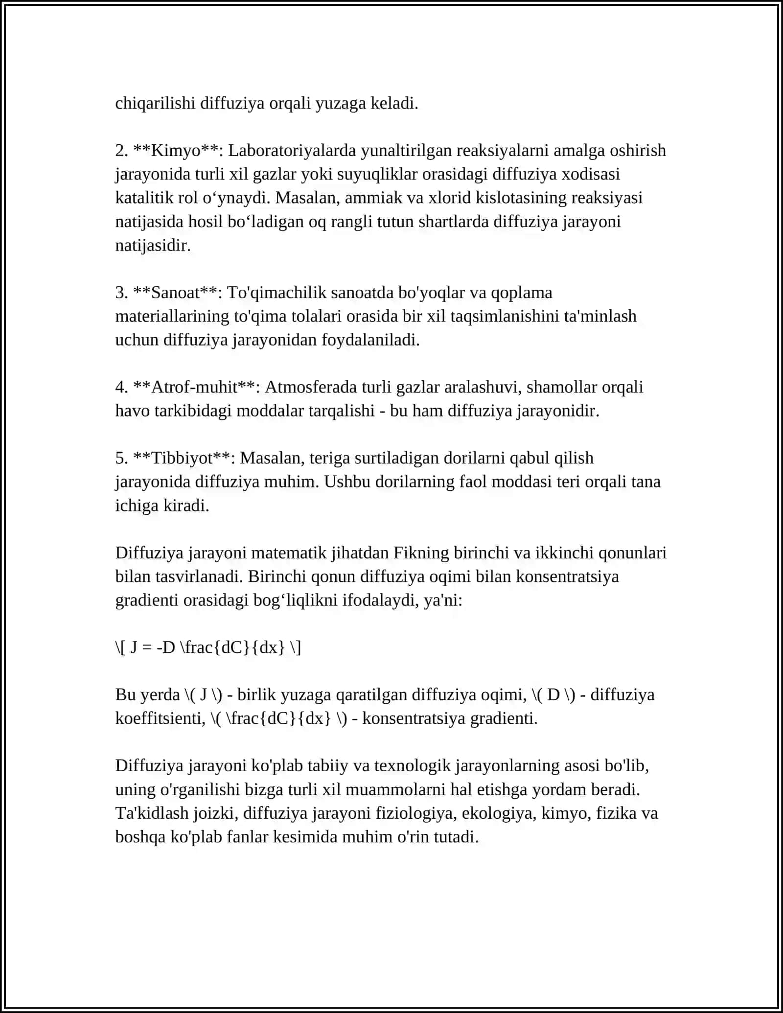 KO’CHISH XODISALARI. DIFFUZIYA, ISSIQLIK O‘TKAZUVCHANLIK VA QOVUSHQOQLIK 4