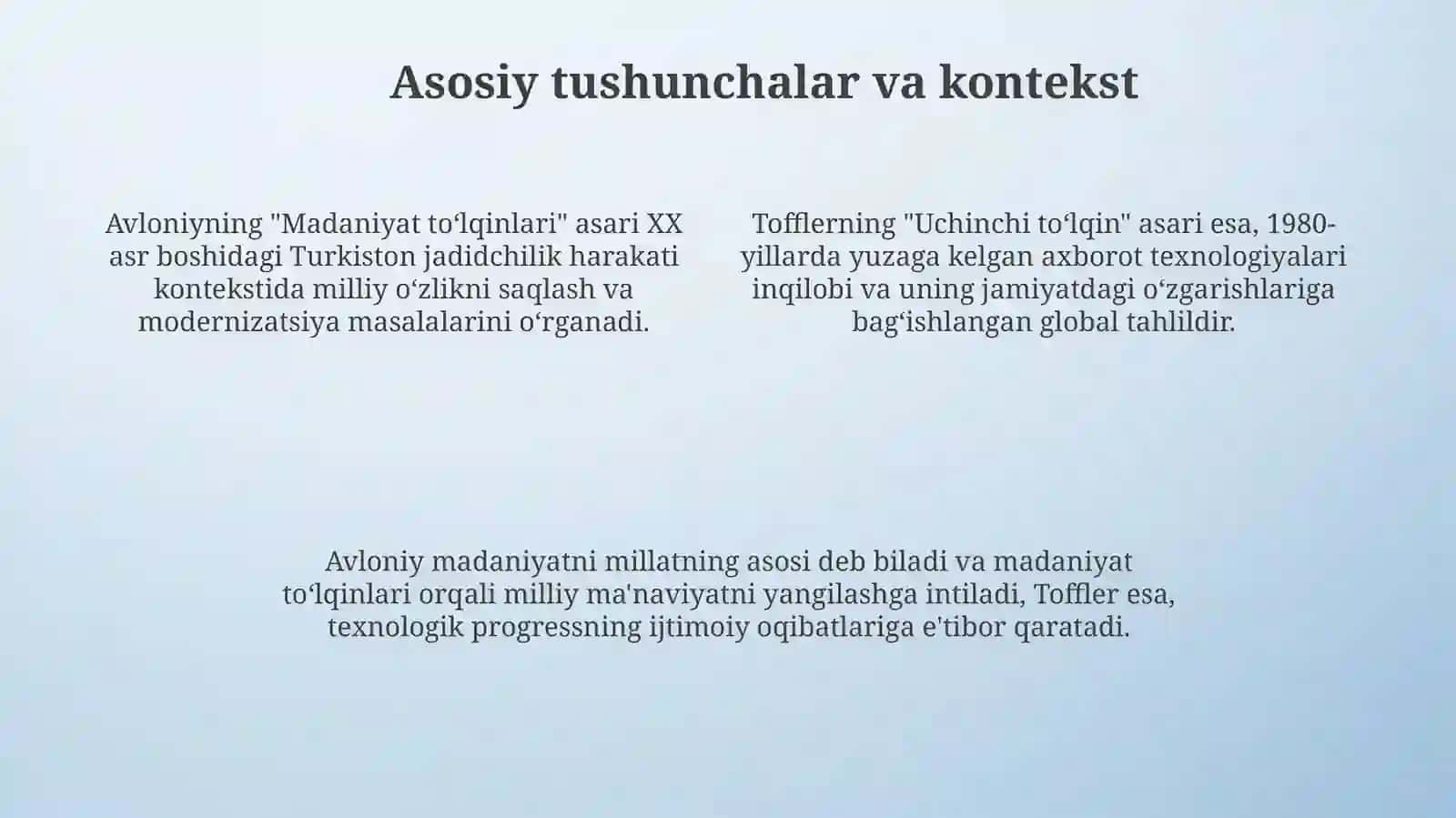 Avloniyning"Madaniyat toʻlqinlari"va E.Tofflerning"Uchinchitoʻlqin asarlarini qiyosiy tahlili 4