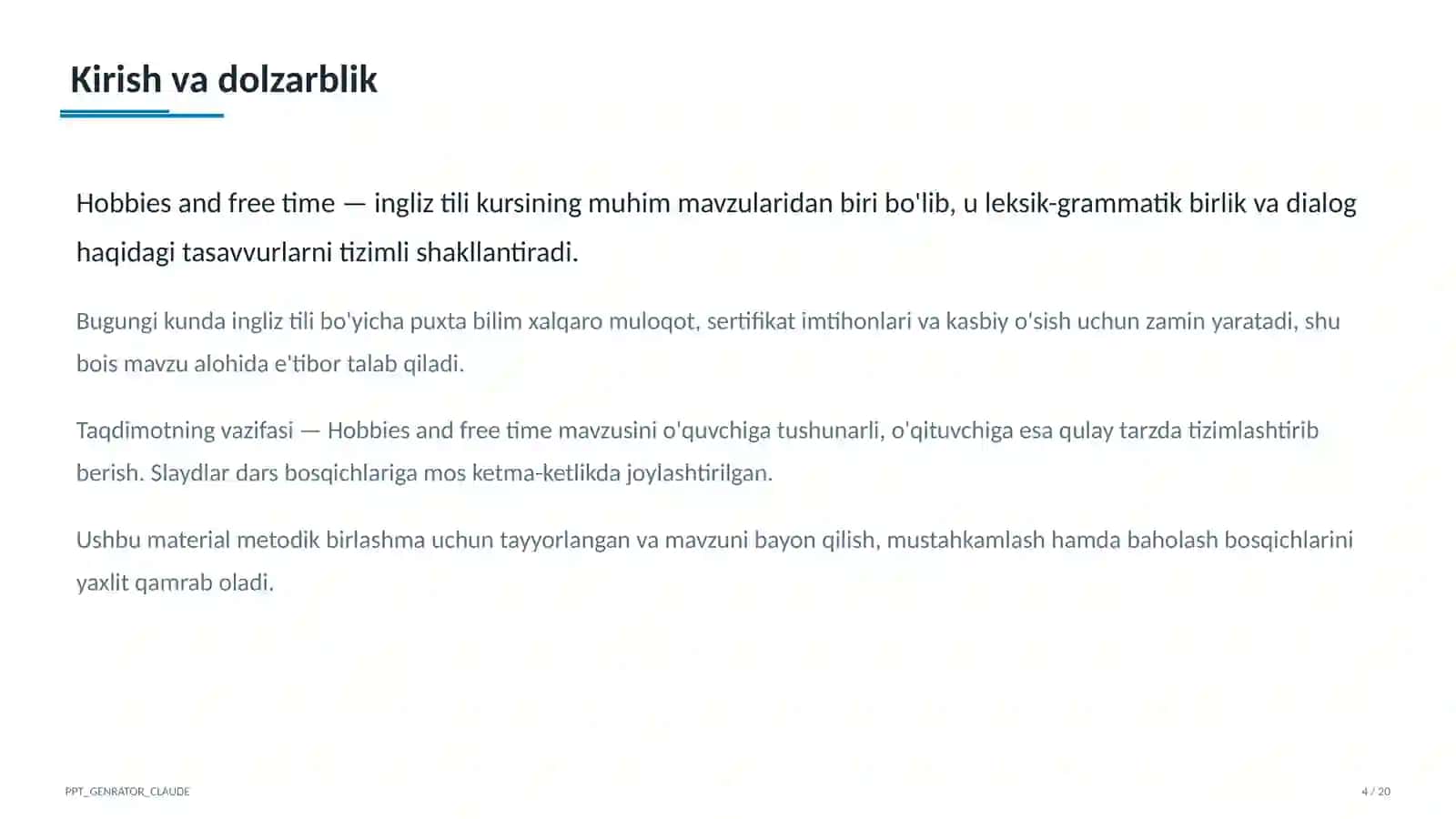 Hobbies and free time (5-sinf) Ingliz tili (1– 11) — metodik birlashma uchun 4