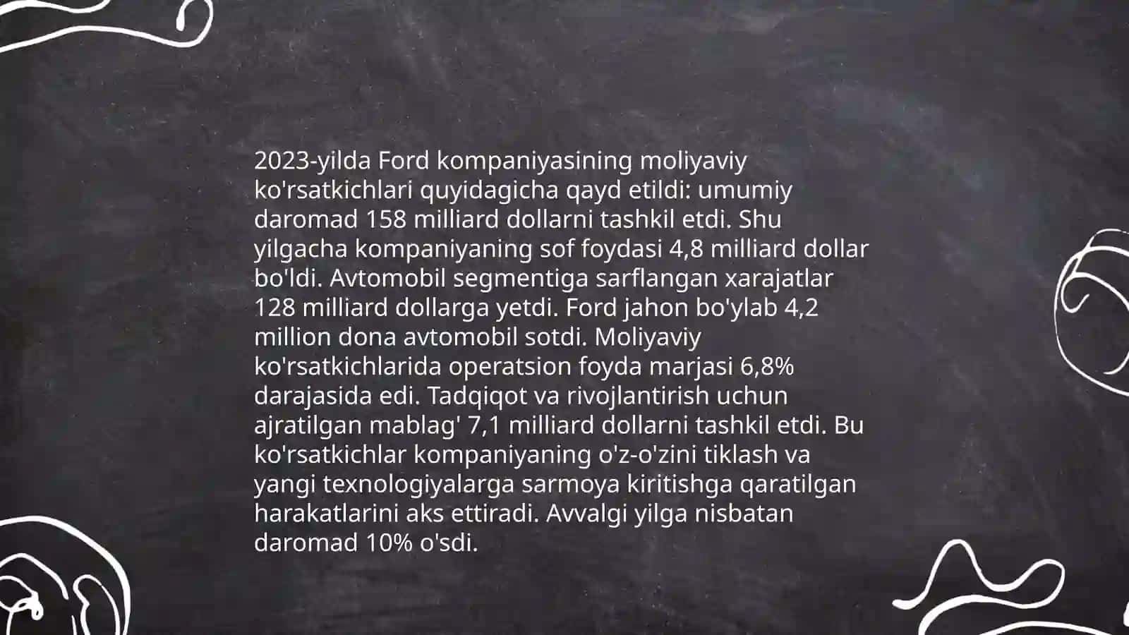 Ford kompaniyasining investitsiya faoliyati,Statistik ma’lumotlar,Investitsiya faoliyatining o’ziga xosligi,Kamchiliklar va istiqbollari va amalga oshirilayotgan loyihalari 4