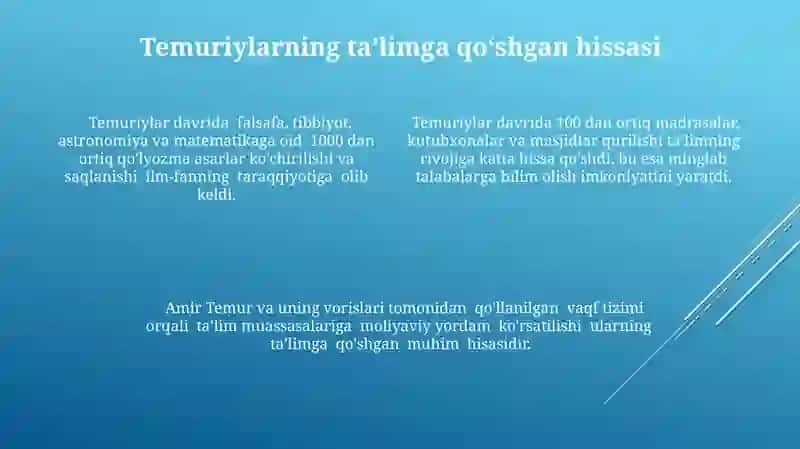 Temuriylar davridagi uyg'onishning omillari va temuriyzodalarning ta'lim tarbiyaga qushgan hissasi 4