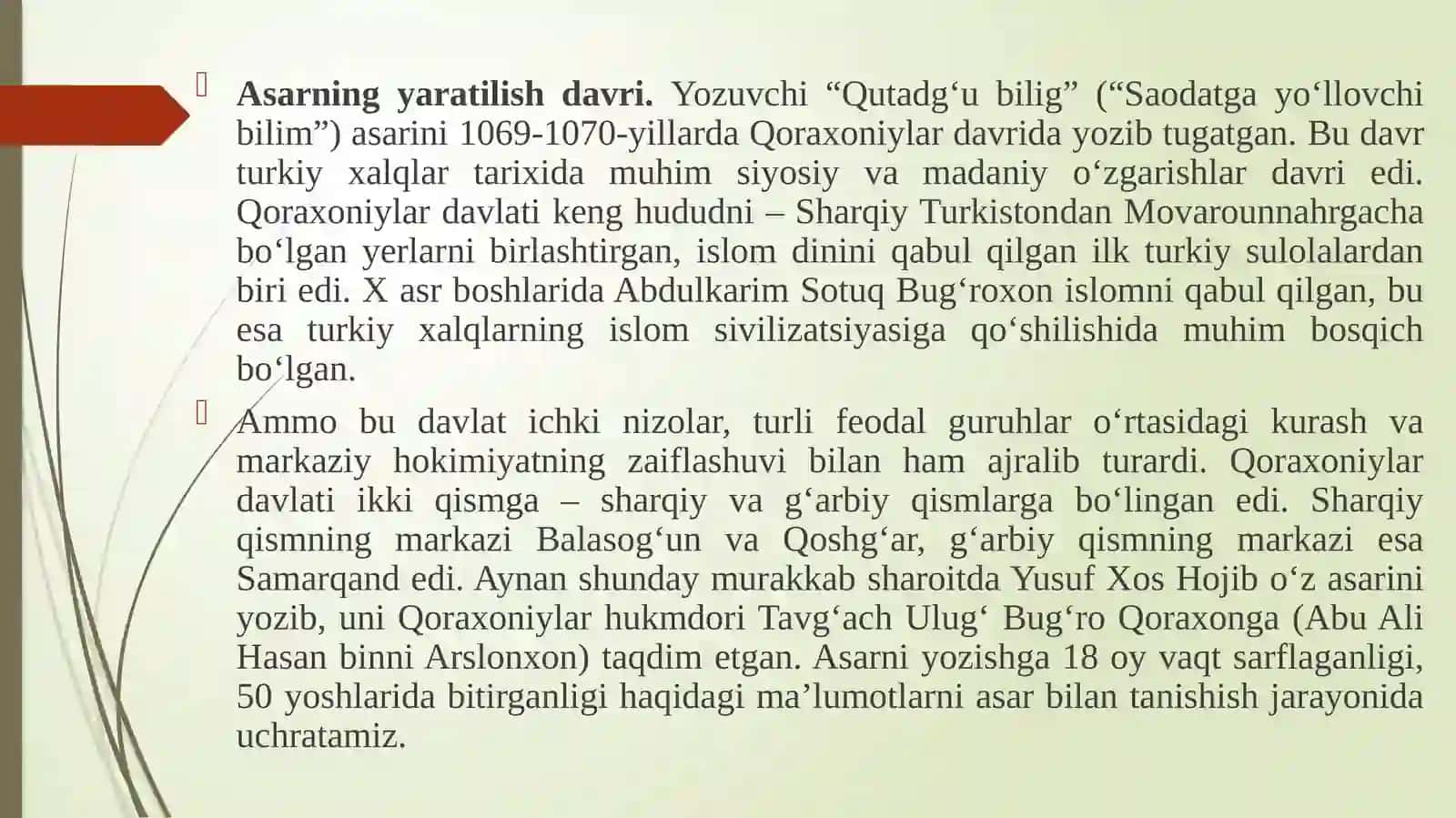 OʻZBEK MUMTOZ NASRIDA               IJTIMOIY-SIYOSIY MASALALAR BADIIY TALQINI (“QUTADGʻU BILIG” ASARI TALQINIDA) 4
