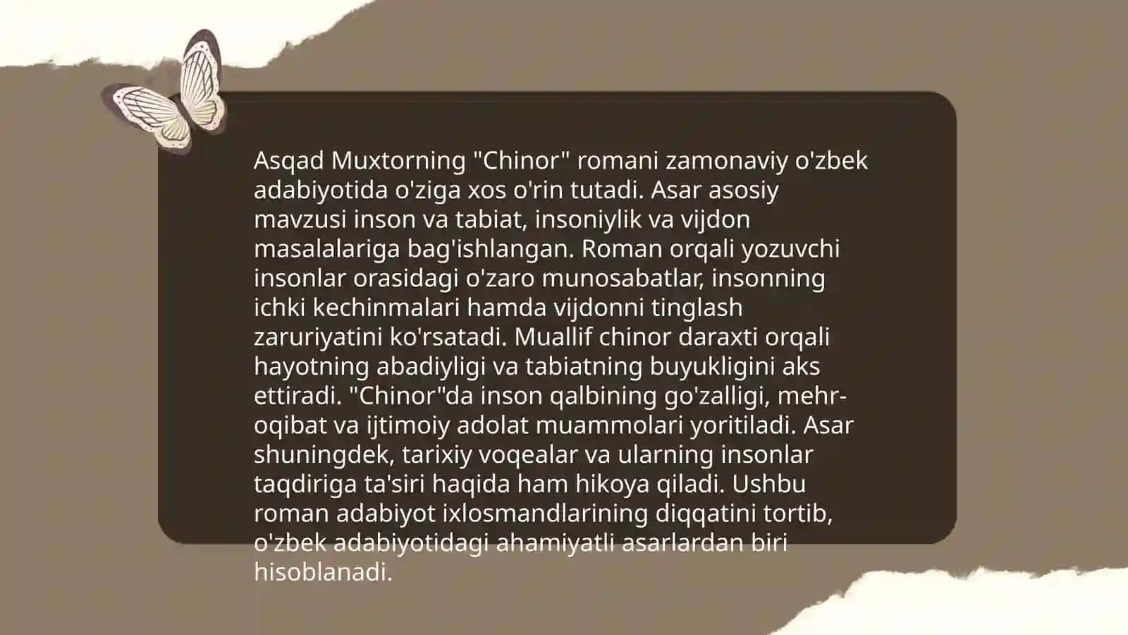 Asqad Muxtorning Chinor romani matni bilan ishlash mavzusini o'quvchilarga tushuntirishda interaktiv metodlardan foydalanish 4