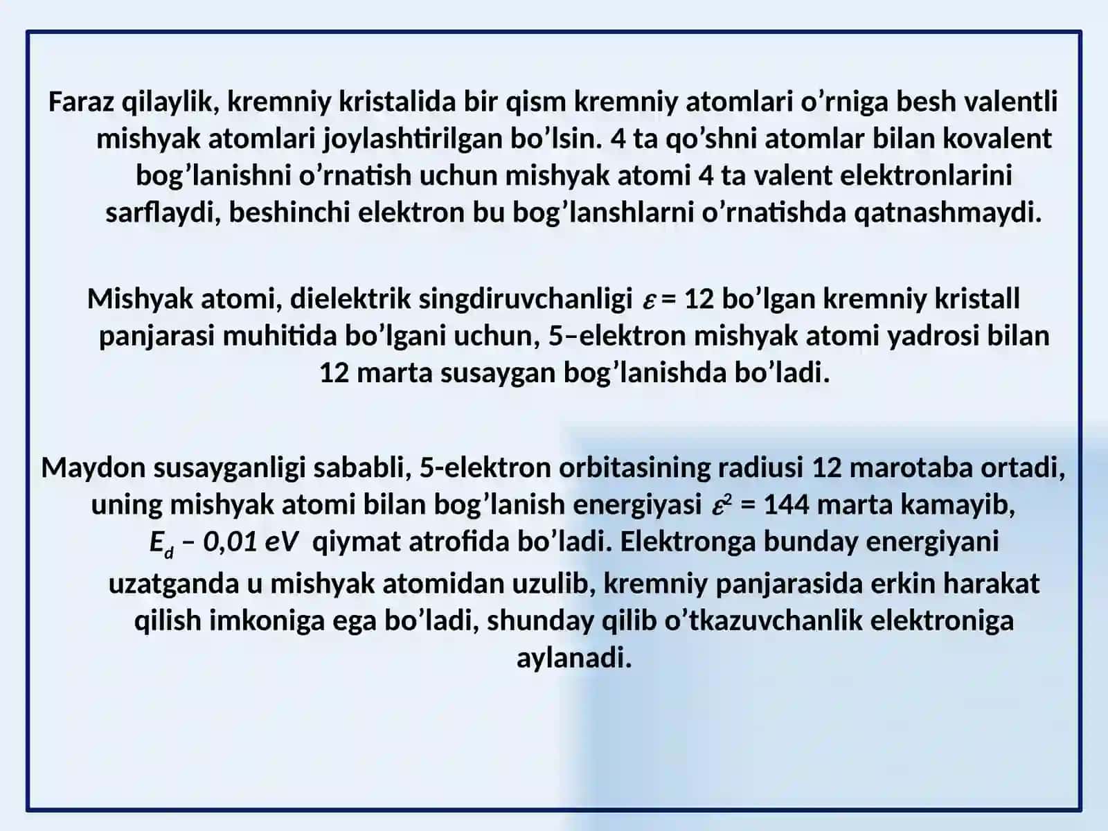 Kirishmali yarimo‘tkazgichlar, donor va aktsioner energetik sathlar 4