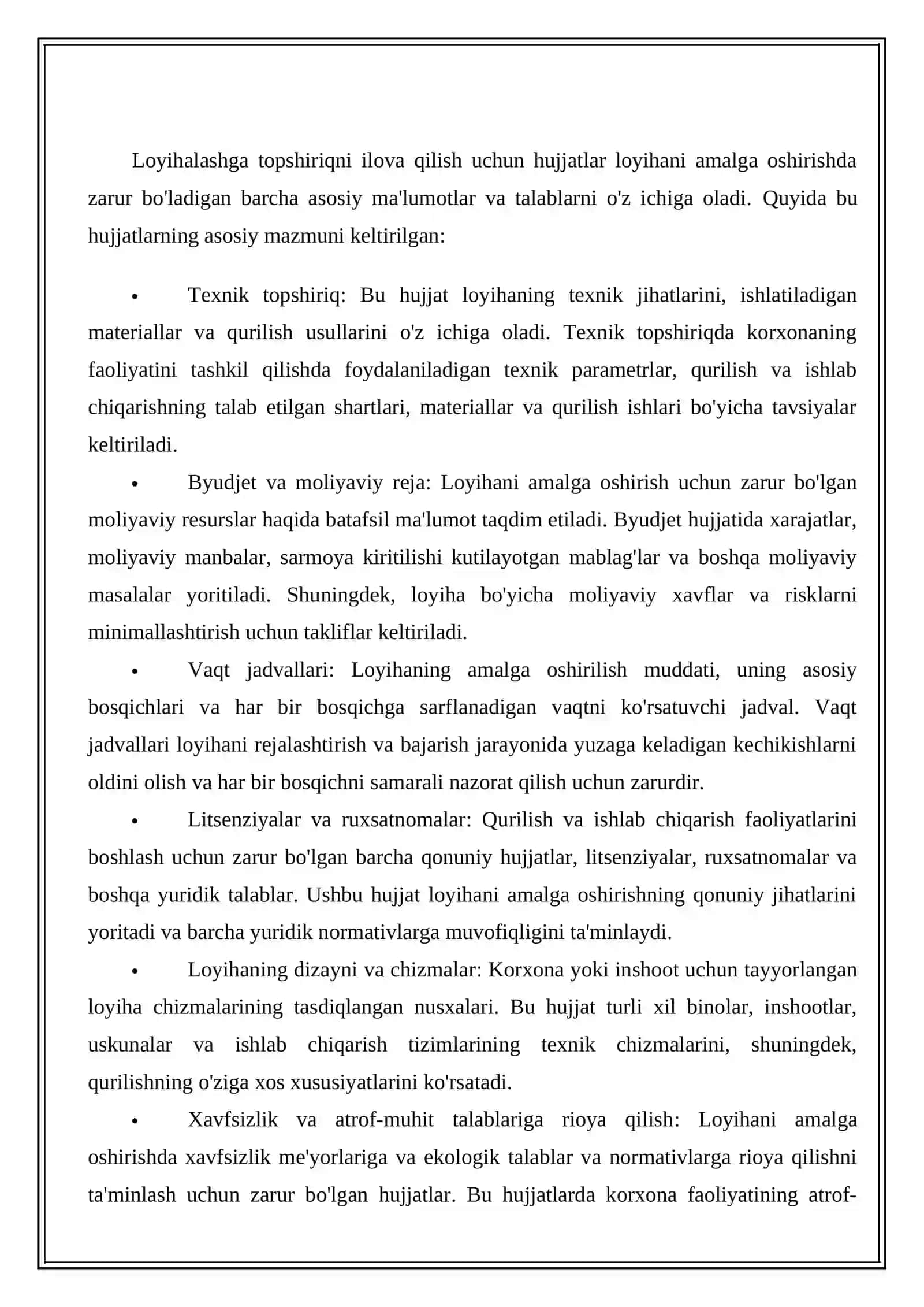 Loyihalashga topshiriq tuzish, uning mazmunini topshiriqa ilova qilinadigan hujjatlar 4