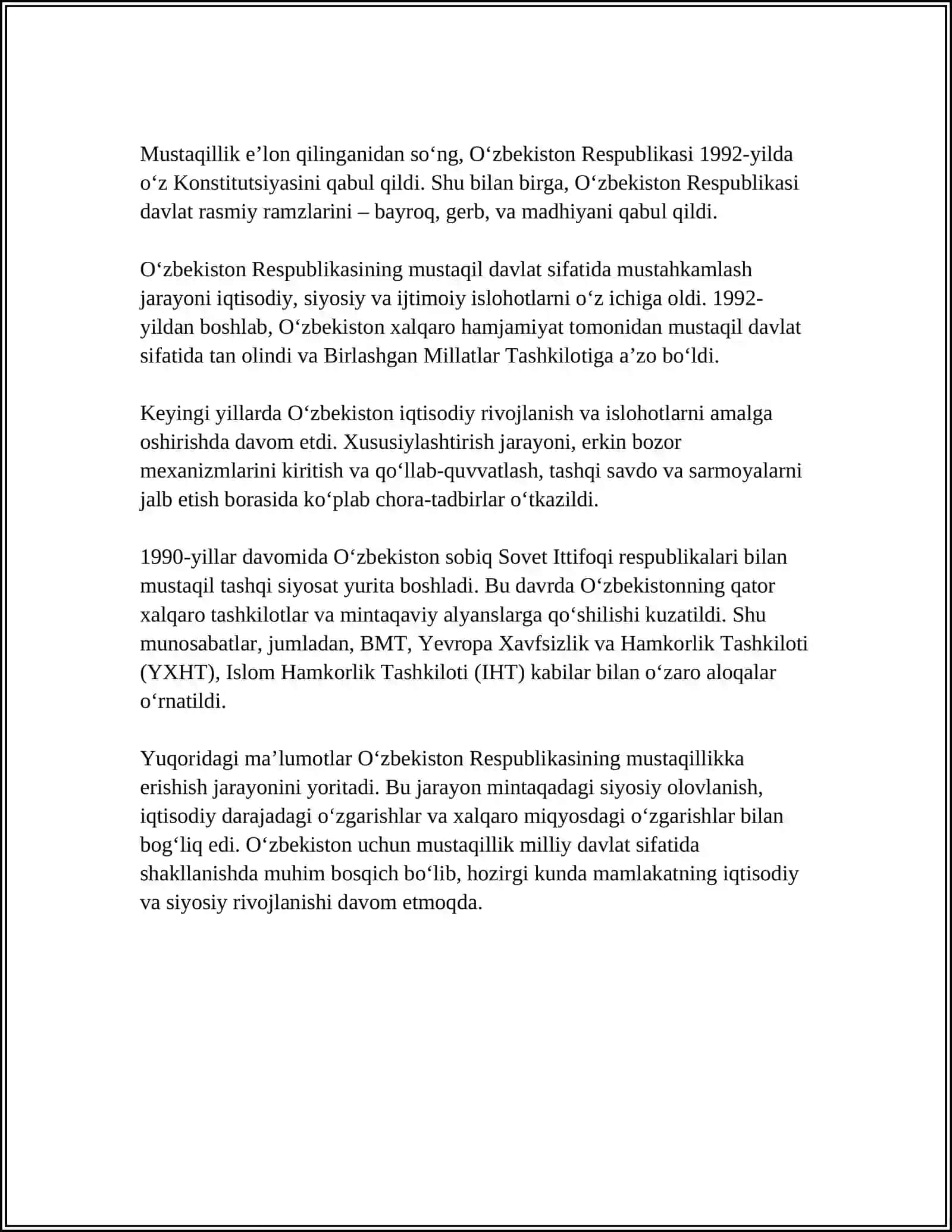 MUSTAQIL O‘ZBEKISTON RESPUBLIKASINING TASHKIL TOPISHI VA UNING TARIXIY AHAMIYATI 4