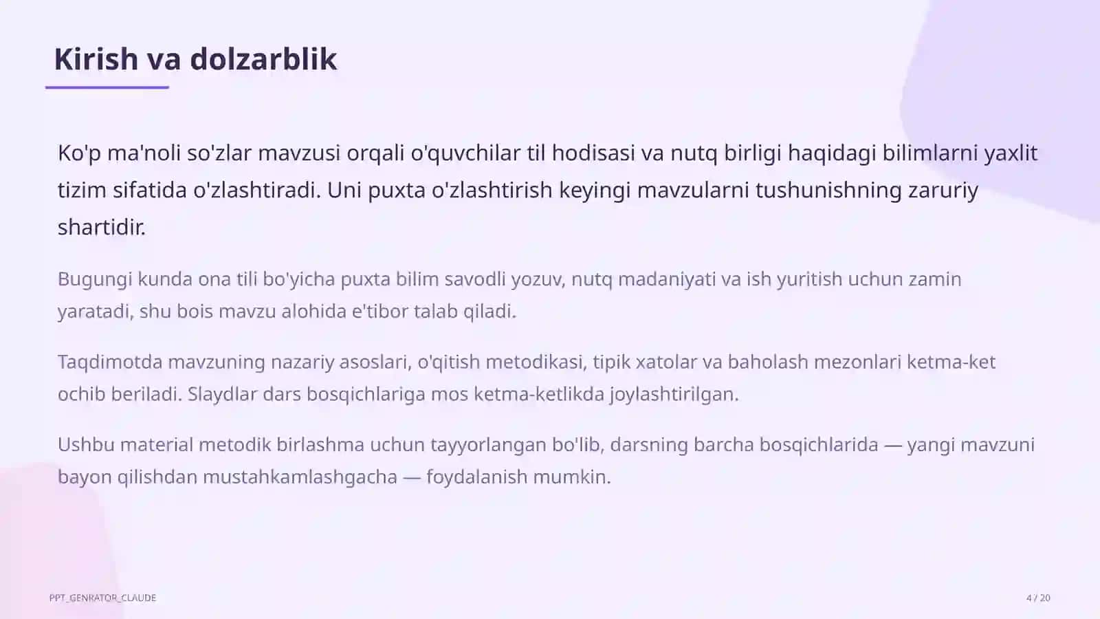 Ko'p ma'noli so'zlar (5-sinf) Ona tili (5–11) — metodik birlashma uchun 4