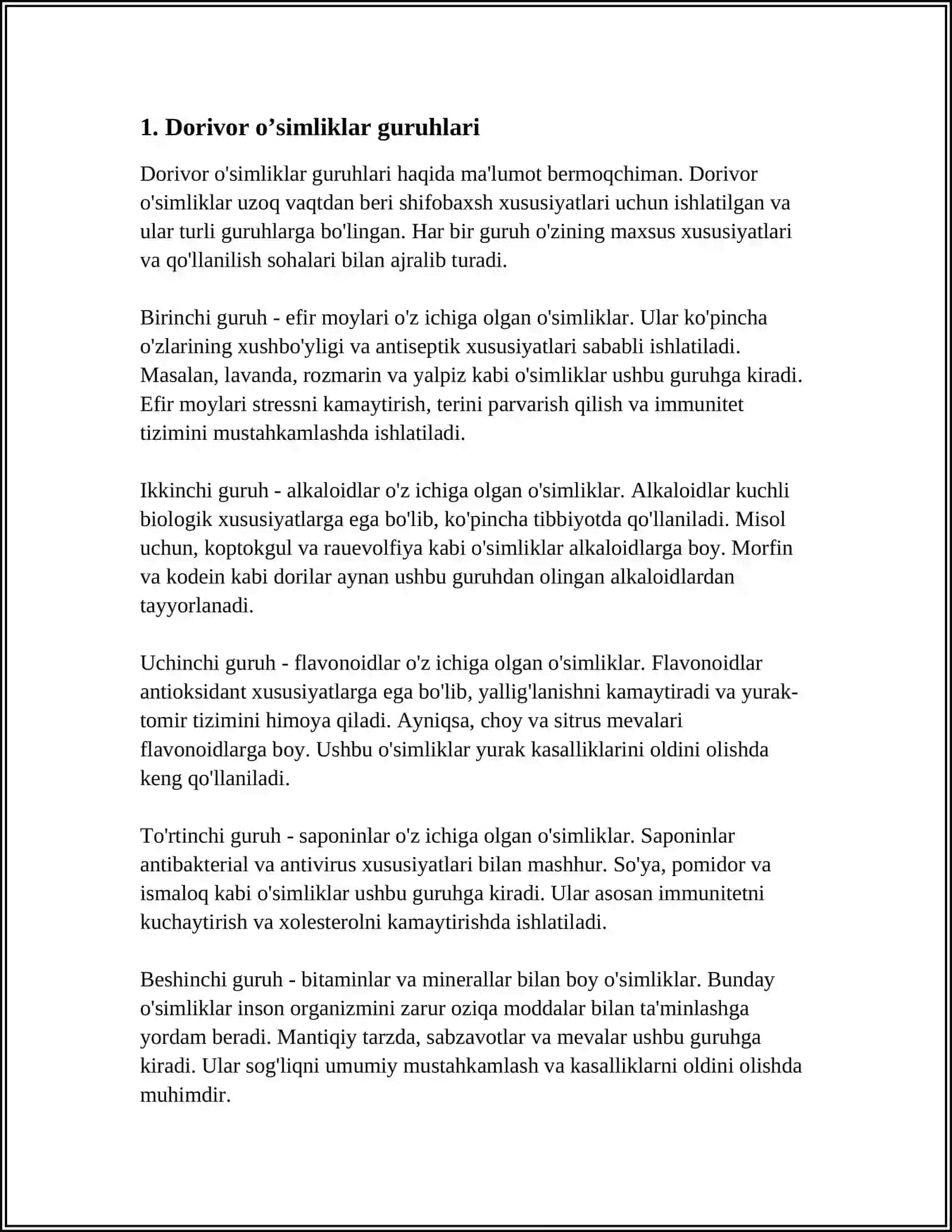 DORIVOR O’SIMLIKLAR NOMENKLATURASI TIPIK GURUHLARI O’SIMLIK VA HAYVONLARDAN OLINGAN DORIVOR MAHSULOTLAR NOMLARI 4
