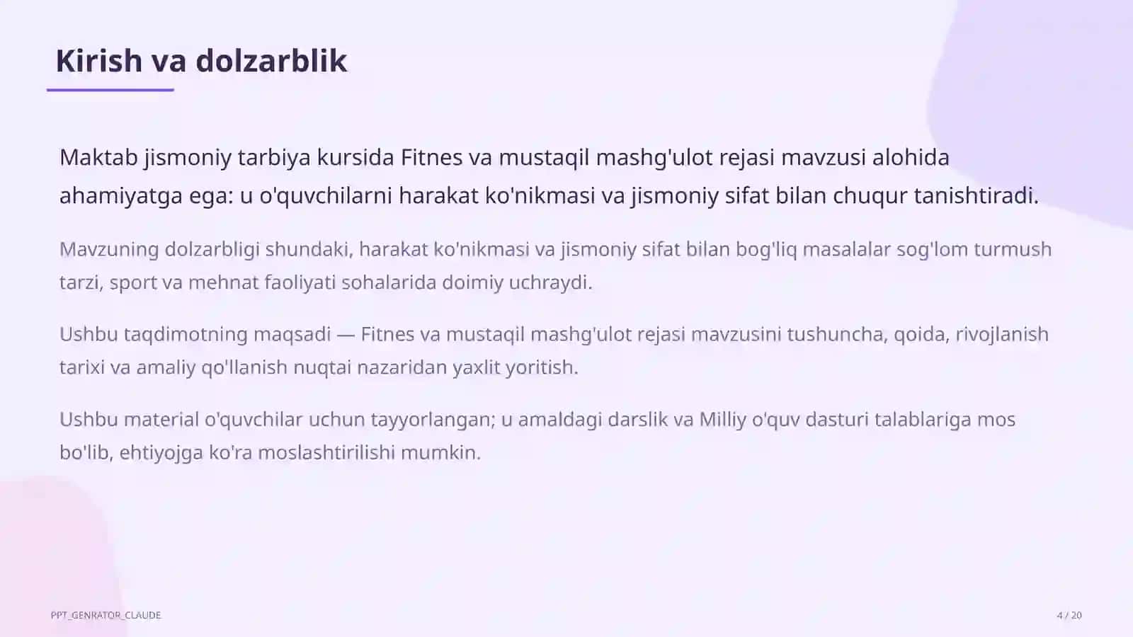 Fitnes va mustaqil mashg'ulot rejasi (11-sinf) 4