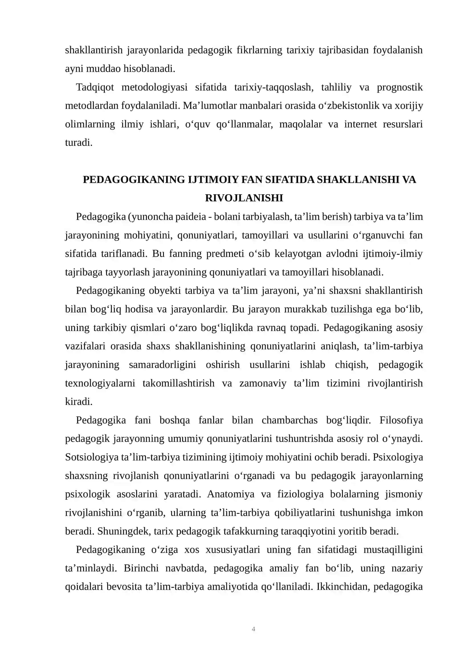 Pedagogikaning ijtimoiy fan sifatida jamiyat taraqqiyotidagi o‘rni va Pedagogik fikrlar taraqqiyoti va tarixiyligi 4