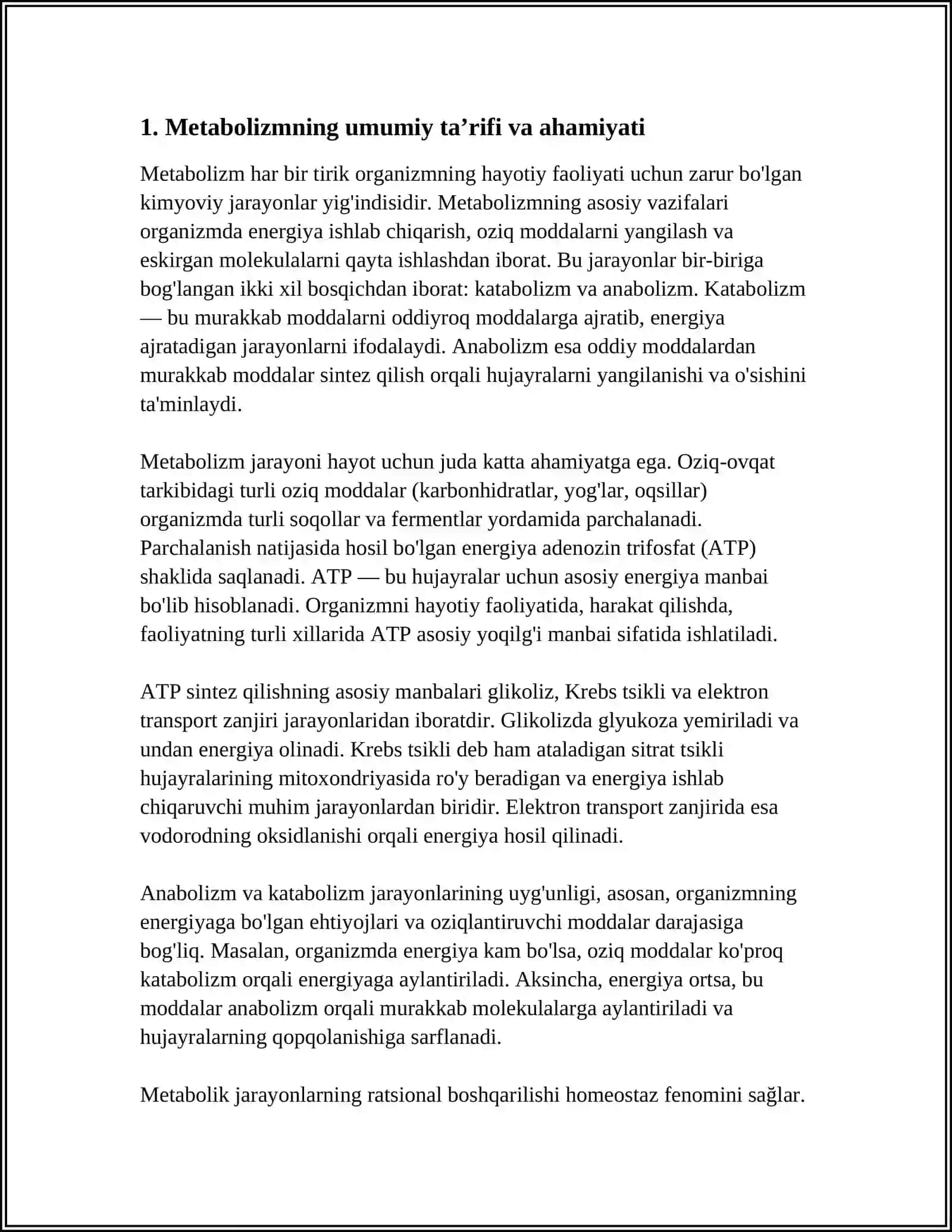 METABOLIZM JARAYONI VA UNING AHAMIYATI.METABOLIZM JARAYONIDA ENERGIYANING TÕPLANISHI VA SARF BÕLISHI 4