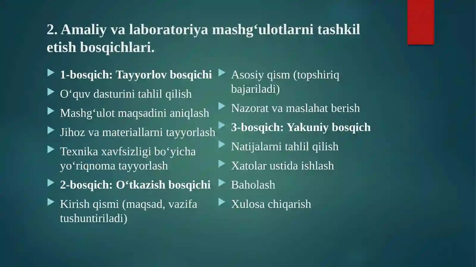 Amaliy va laboratoriya mashg'ulotlarini tashkil etish va o'tkazish metodikasi 4