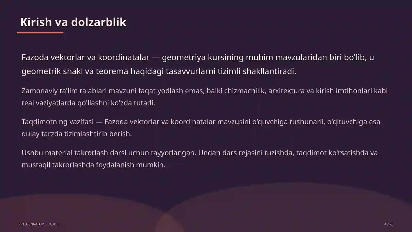 Fazoda vektorlar va koordinatalar (11-sinf) 4