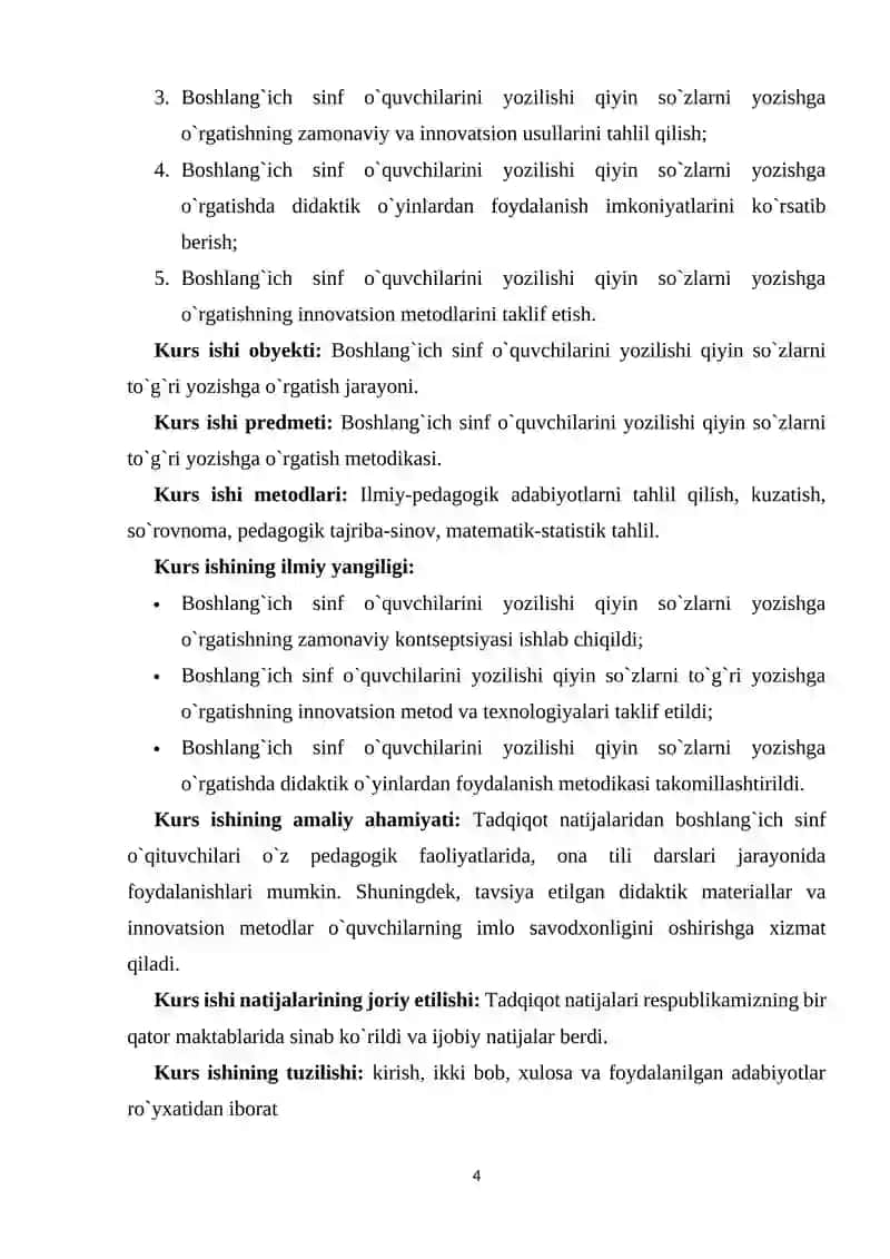 BOSHLANG`ICH SINF O`QUVCHILARINI YOZILISHI QIYIN SO`ZLARNI YOZISHGA O`RGATISH 4