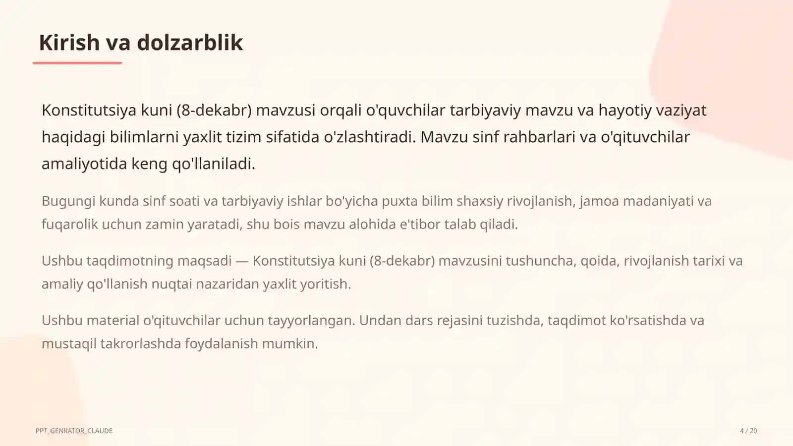 Konstitutsiya kuni (8-dekabr) Sinf soati va tarbiyaviy tadbirlar (1–11) 4