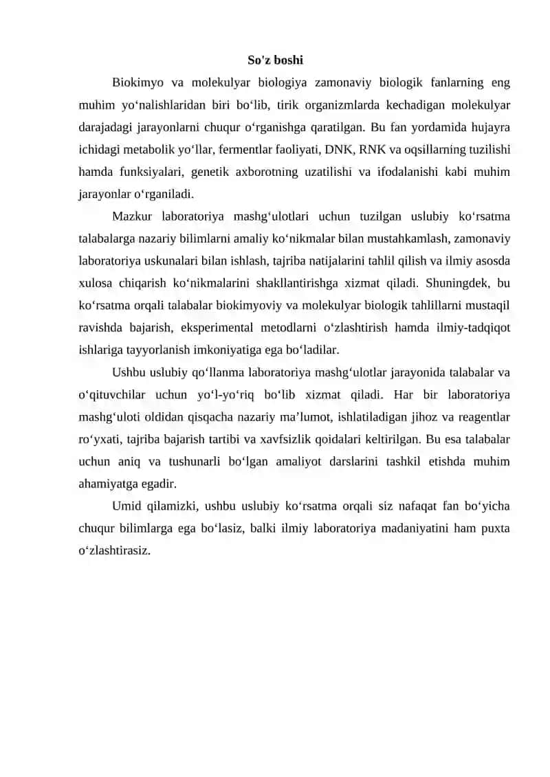 Uslubiy ko'rsatma "Biokimyo va molekulyar biologiya" fanidan tajriba ishlari 4