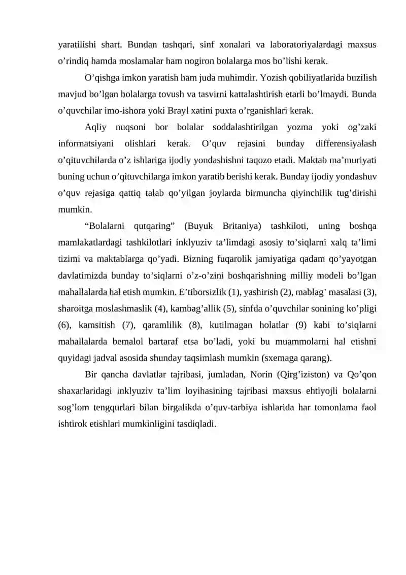 INKLYUZIV TAʼLIMNING TAMOYILLLARI VA UNGA BOʻLGAN EHTIYOJLAR VA UNING SABABLARI, BOSQICHLARI 4