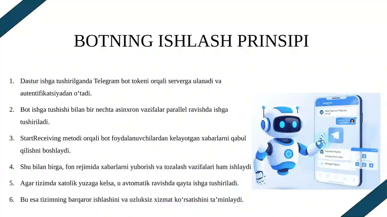 Diplom loyiha mavzusi: C# damaxfiylikni ta’minlovchi anonim chat-bot ishlab chiqish 4