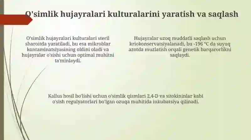 Oʻsimlik hujayra biotexnologiyasi asosida biologik faol moddalar ishlab chiqarish 4