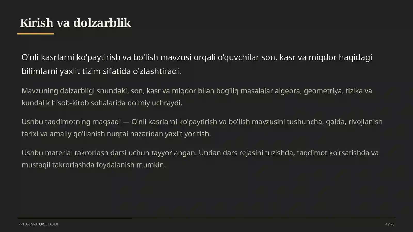 O'nli kasrlarni ko'paytirish va bo'lish (5-sinf) 4