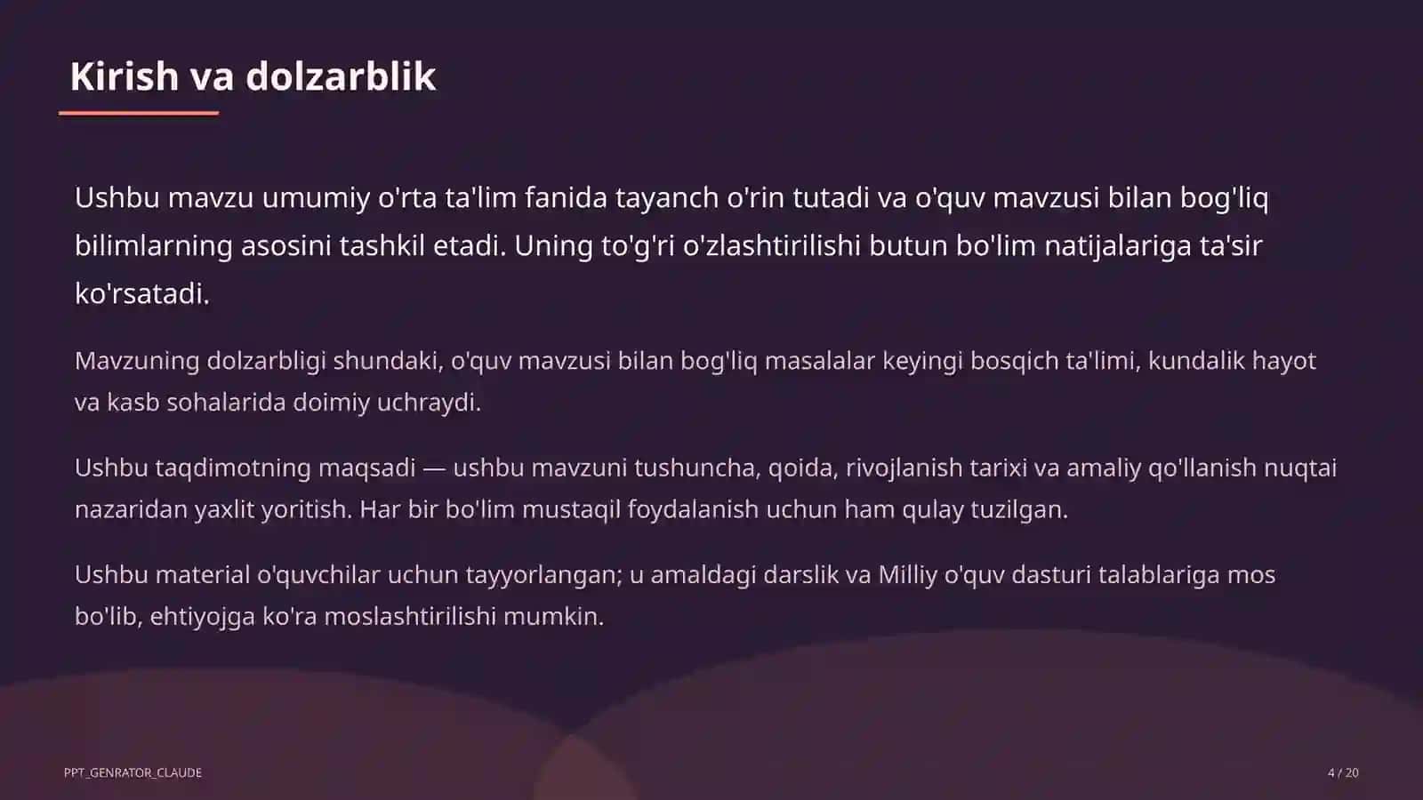 Dolzarb mavzular — maktab va o'qituvchilar (2026) — o'quvchilar uchun 4