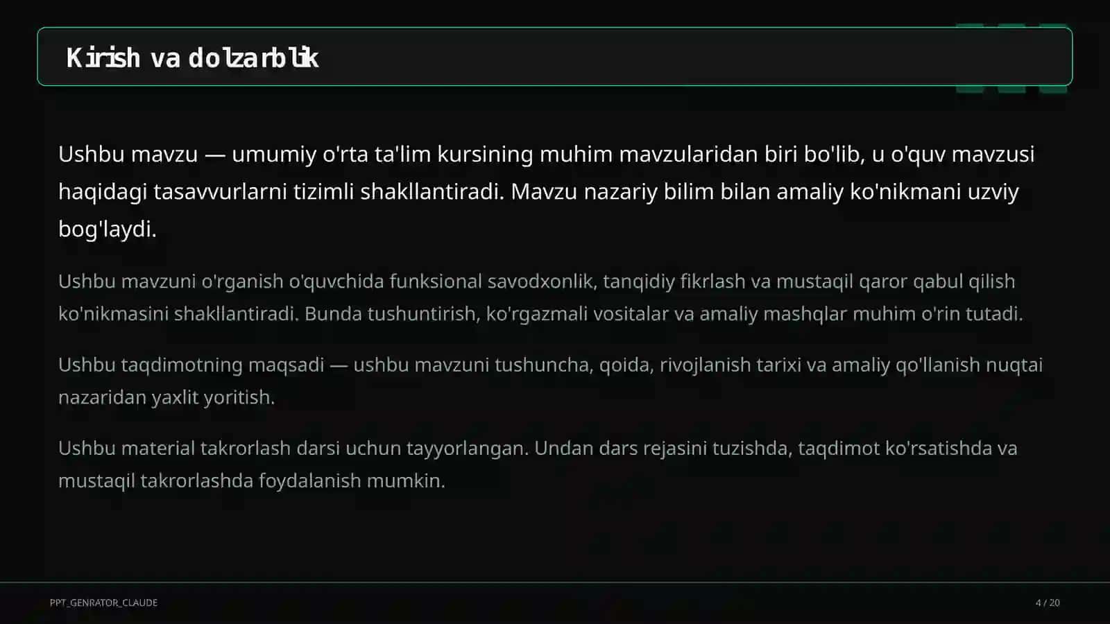 Dolzarb mavzular — maktab va o'qituvchilar (2026) — takrorlash darsi uchun 4