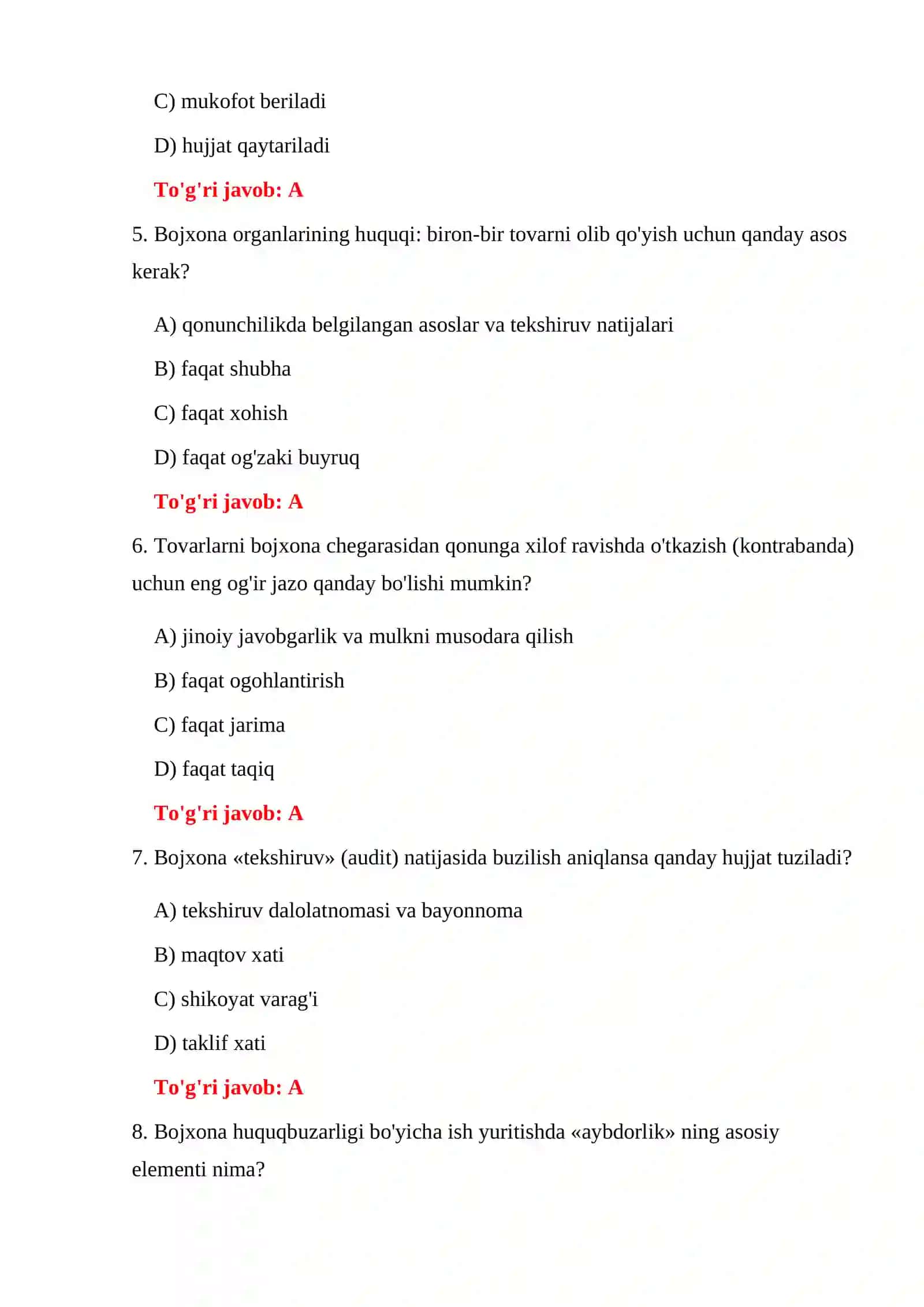 BOJXONA HUQUQBUZARLIKLARI 500 TA TEST 4