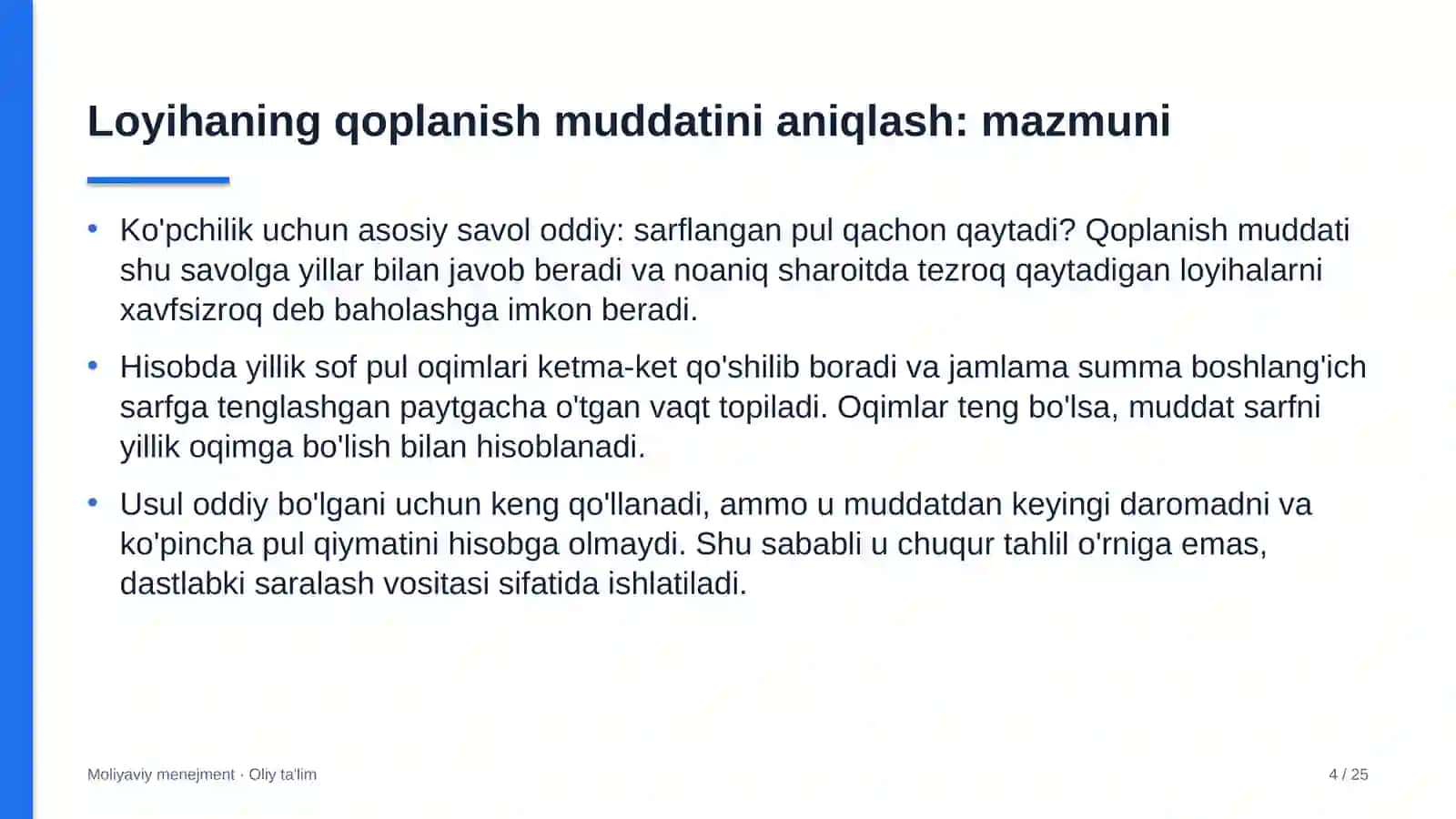 yakka tartibdagi uy joy qurilishida investitsiya loyihalarining qoplanish muddatini aniqlash 7034 4