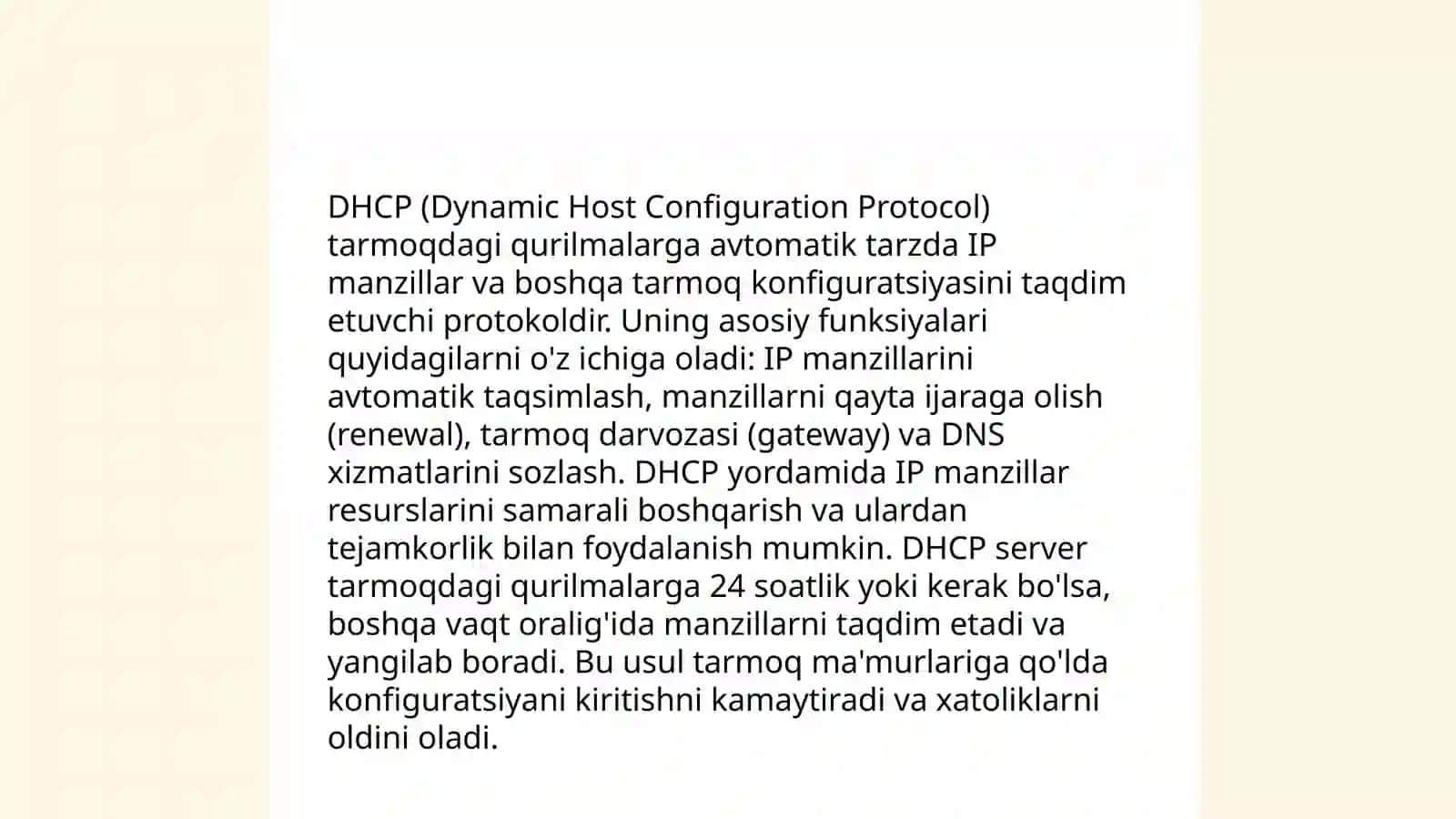 Qo‘shimcha tarmoq xizmatlari: DNS, DHCP, NTP va boshqa asosiy tarmoq xizmatlari, ularning ishlashi va boshqaruvi 4
