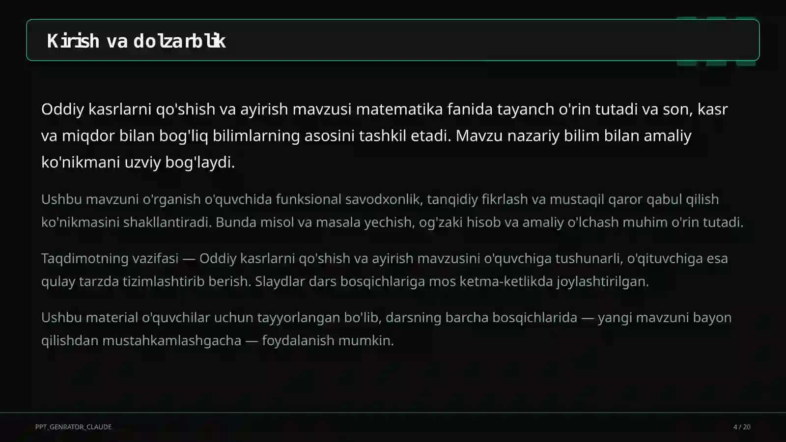 Oddiy kasrlarni qo'shish va ayirish (5-sinf) 4