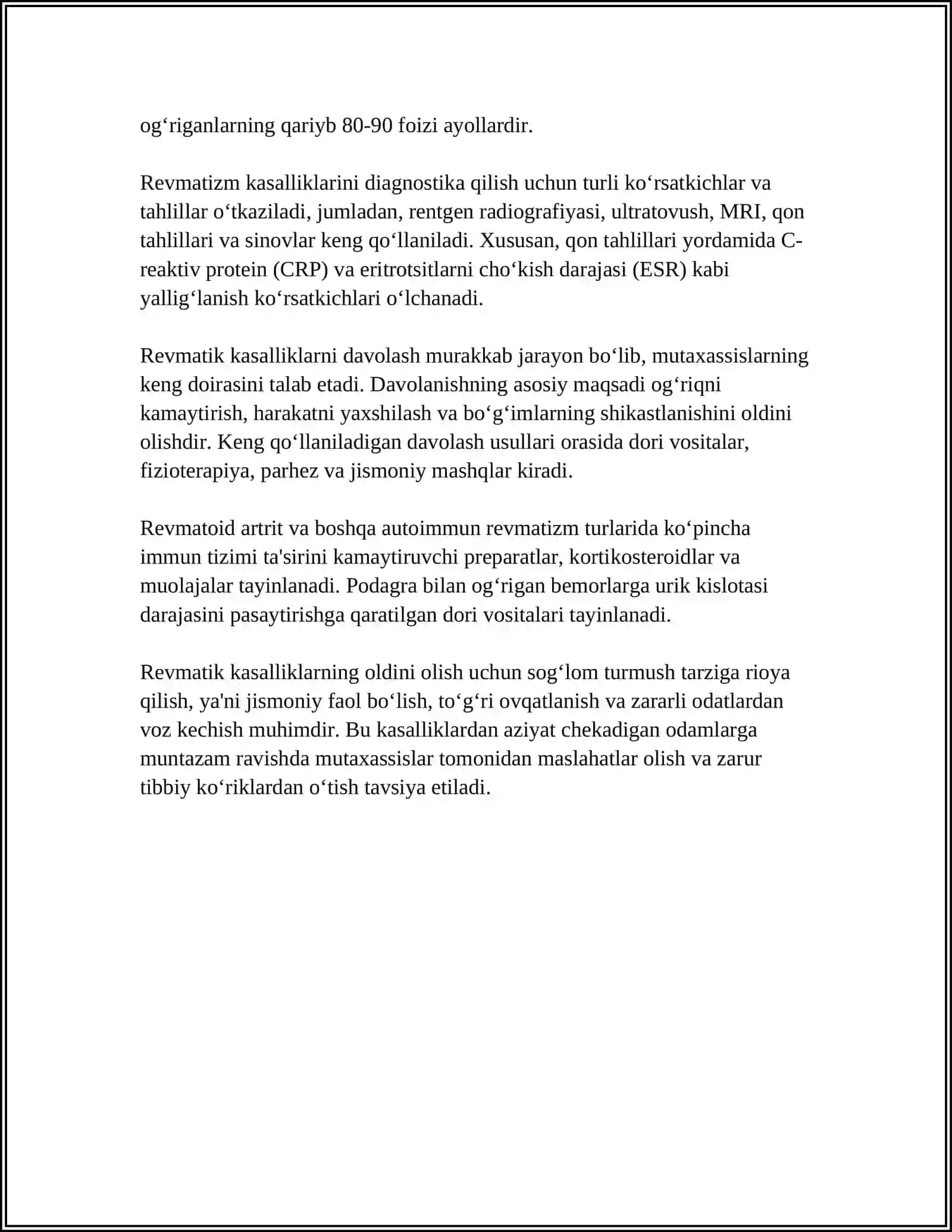 MUSTAQIL ISH Mavzu: SUYAK MUSHAK VA BIRIKTIRUVCHI TOQIMA KASALLIKLARIDA HAMSHIRALIK ISHI REVMATIZIM RAVMATOID ARTRIT 4