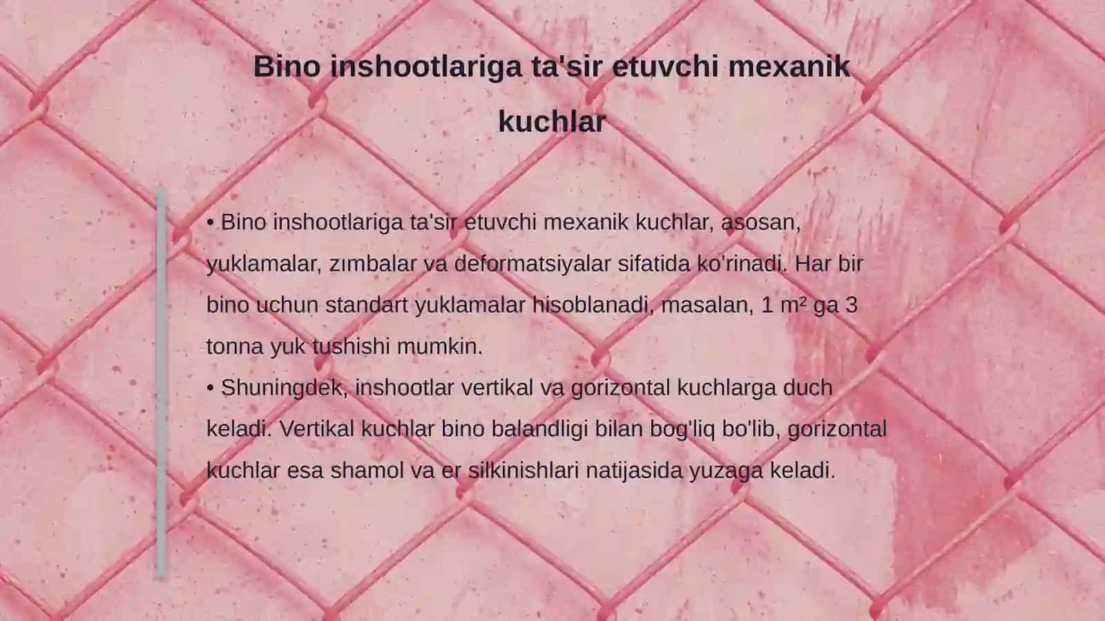 Bino inshoot va mashina mexanizm konstruksiya elementlariga ta‘sir etuvchi tashqi kuchlarning klassifikatsiyasi 4