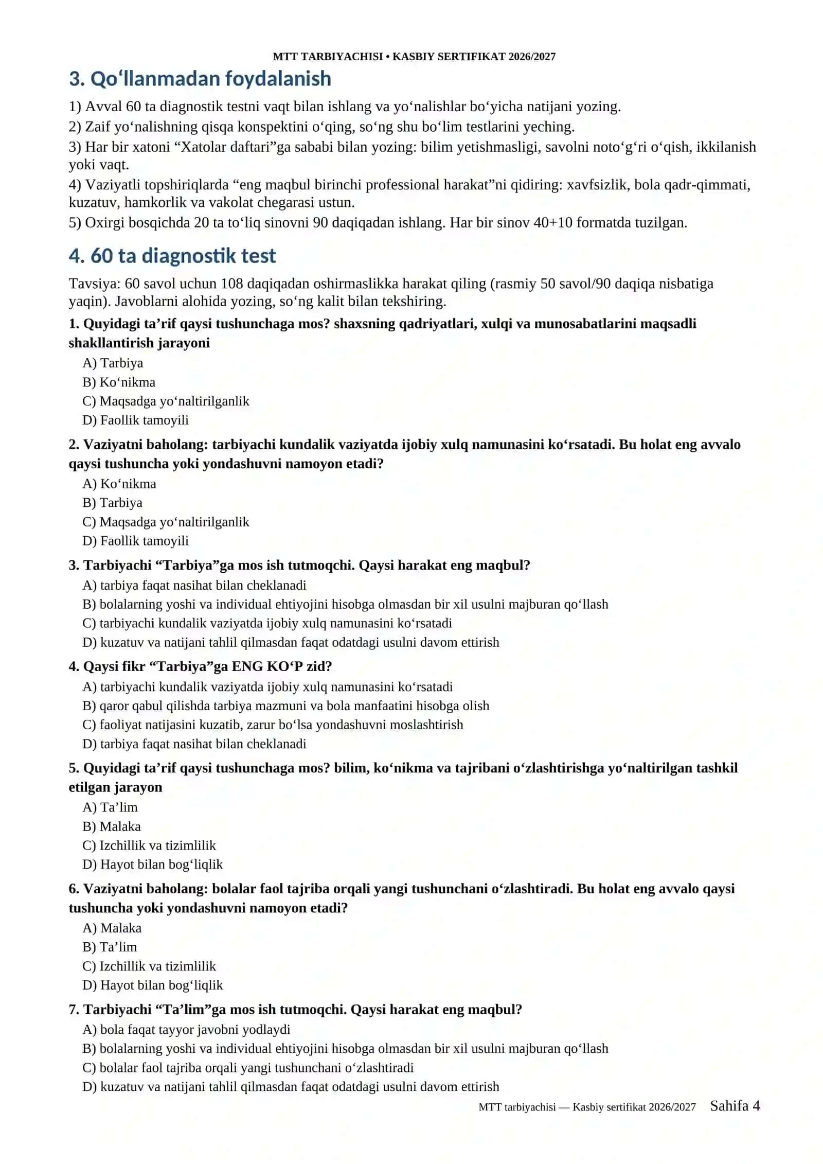 Maktabgacha ta’lim tarbiyachisi Kasbiy sertifikat 2026/2027 | 1000+ test + 200+ vaziyatli topshiriq 4