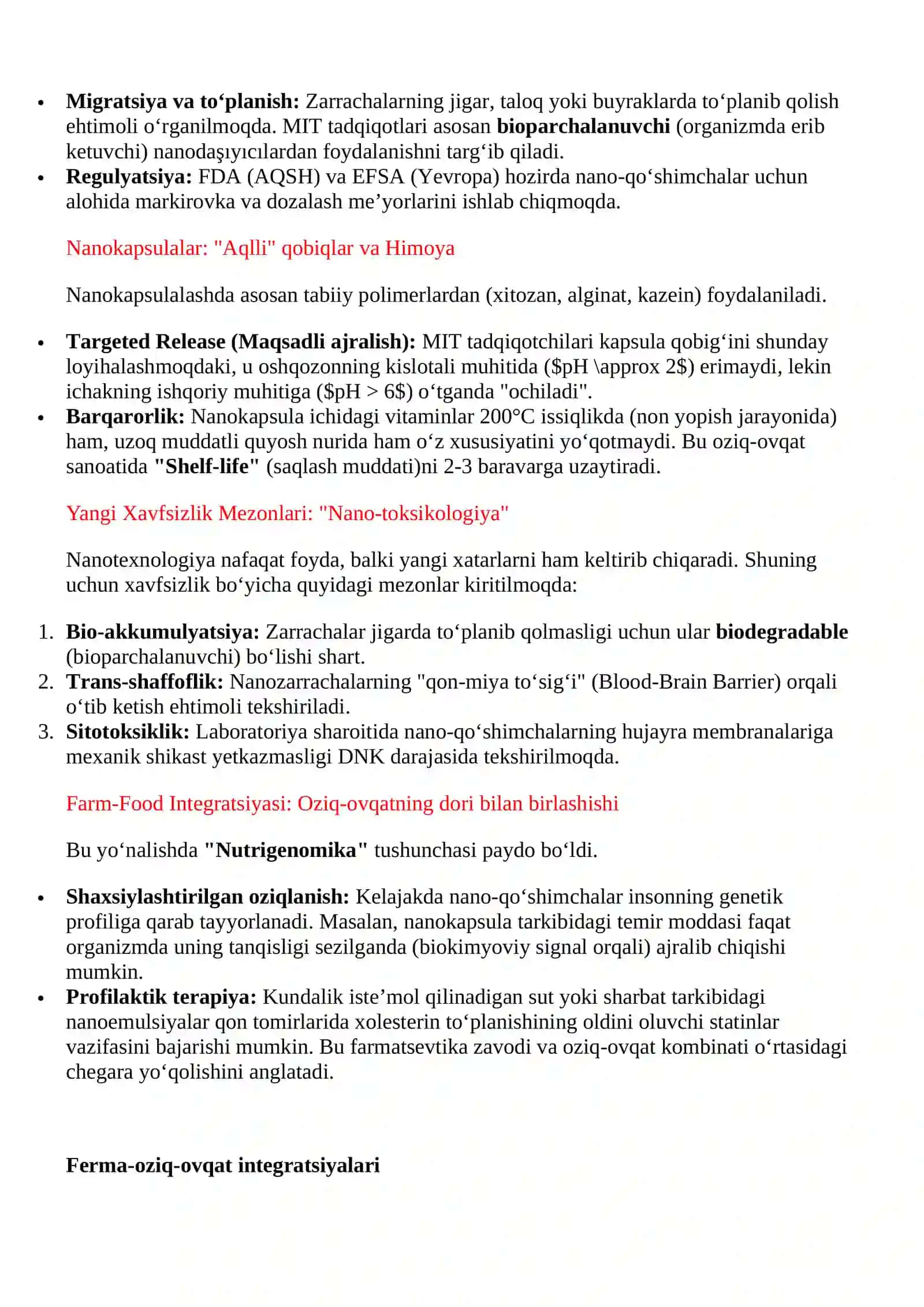 Nanotexnologiya asosidagi yangi qo‘shimchalar: nanoemulsiyalar, nanokapsulalar (MIT Nanotech Lab) 4