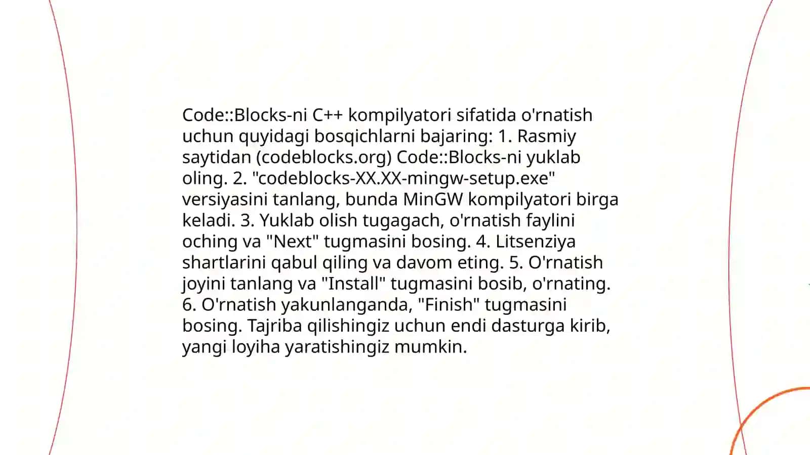Visual Studio va Kod Blocksda C++ ni O'rnating 4