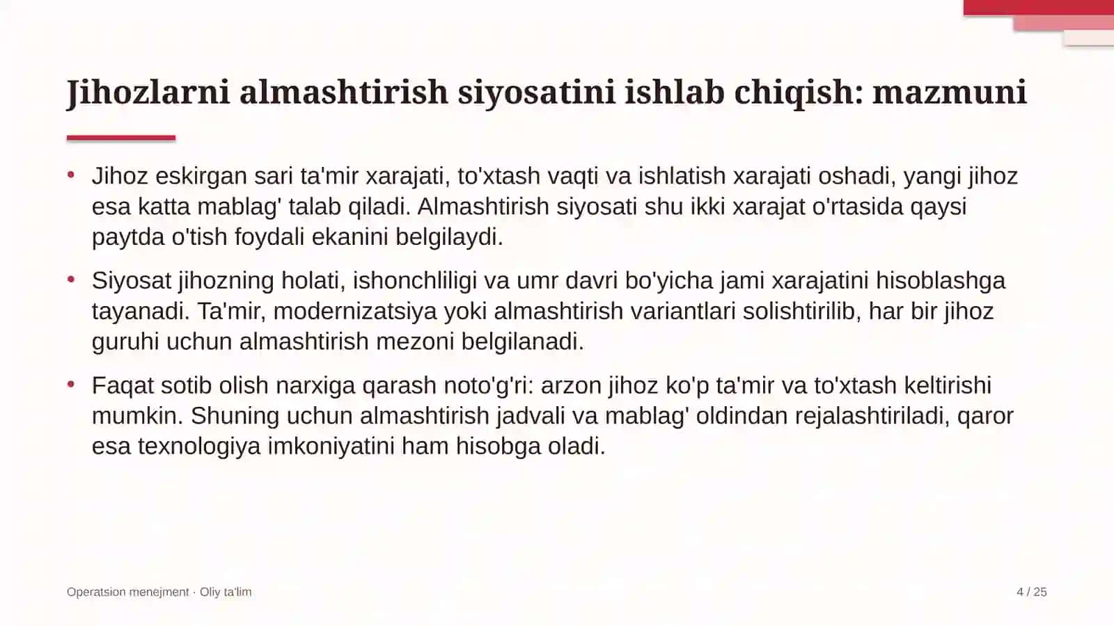 vagon ta'mirlash zavodlarida jihozlarni almashtirish siyosatini ishlab chiqish 2439 4