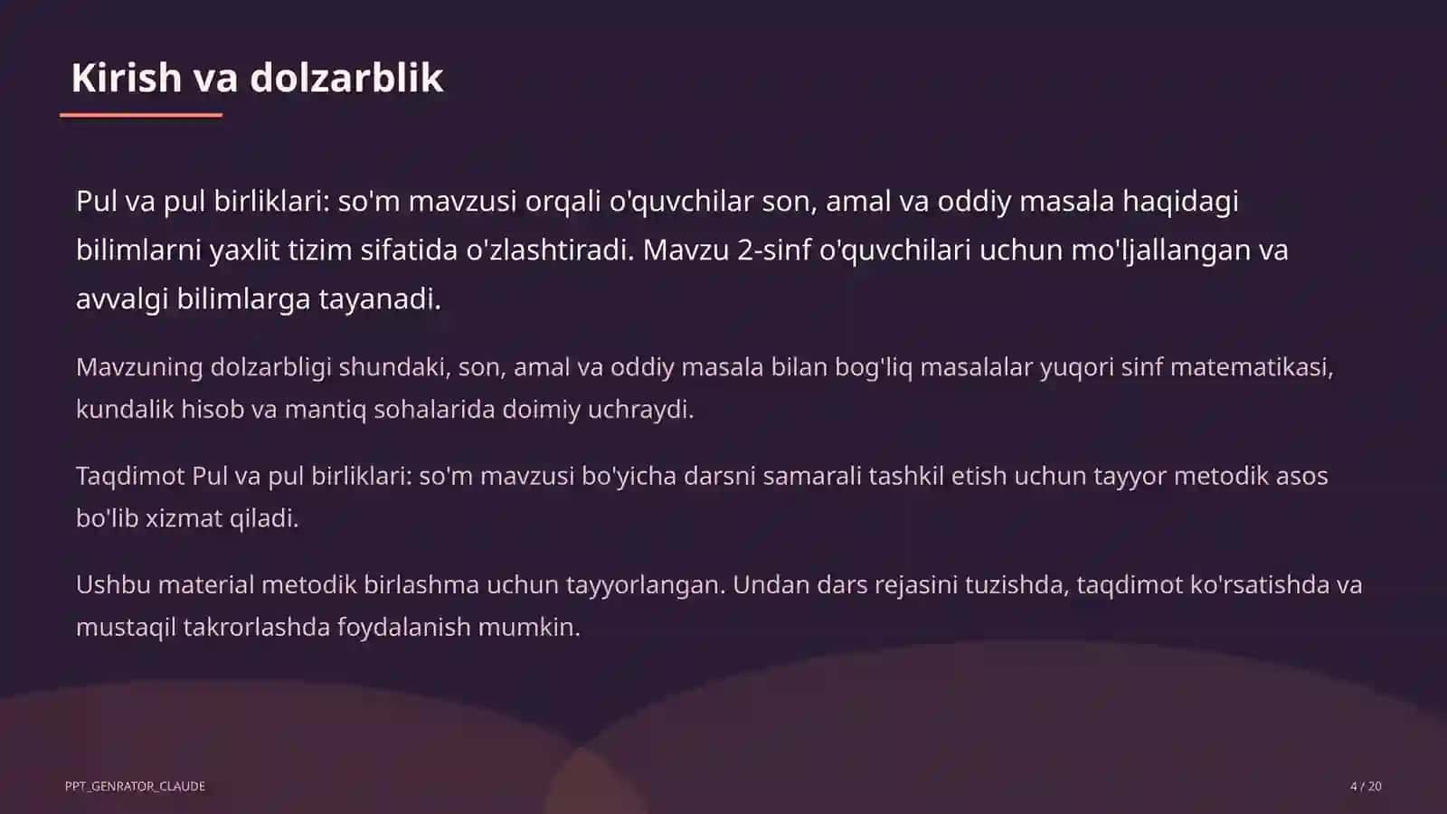 Pul va pul birliklari: so'm (2-sinf) 4