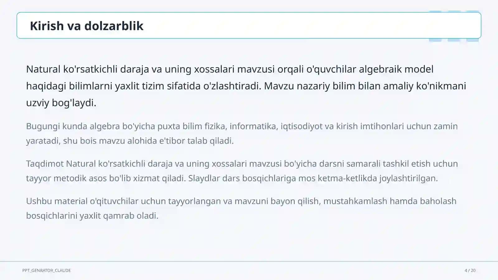 Natural ko'rsatkichli daraja va uning xossalari (7-sinf) 4
